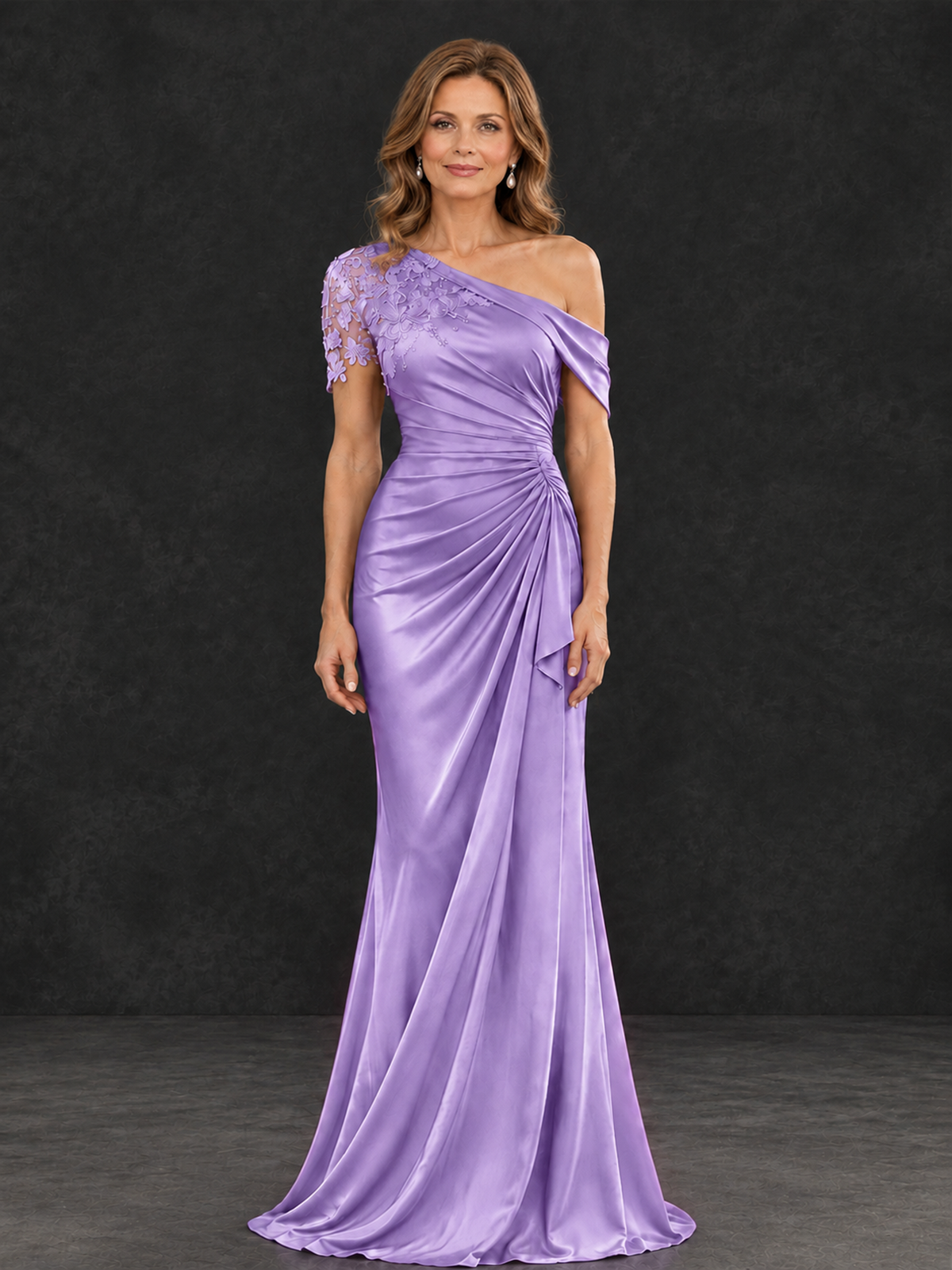 BOLODOO Lavender Asymmetric Satin Mother of the Bride Dress with Lace Sleeve - Lavender - Lavender (1)