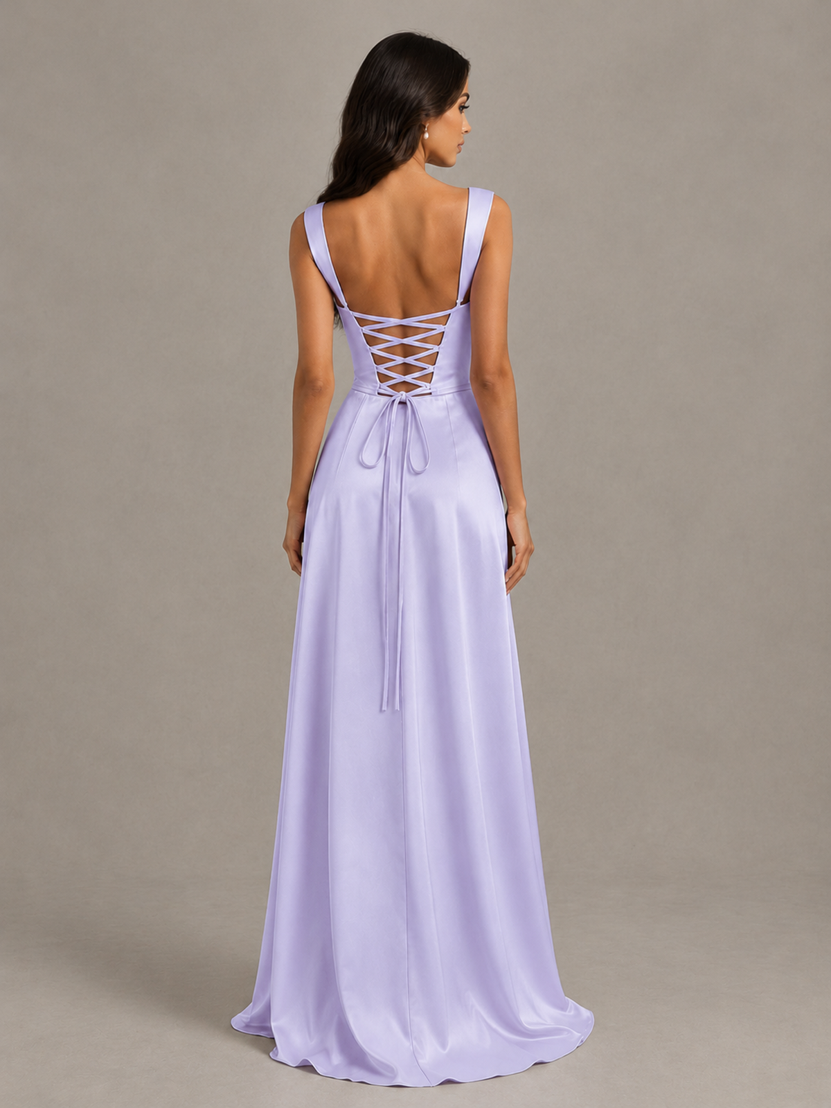 BOLODOO Lavender Satin Lace-Up Bridesmaid Dress with Slit - Lavender - Lavender (2)