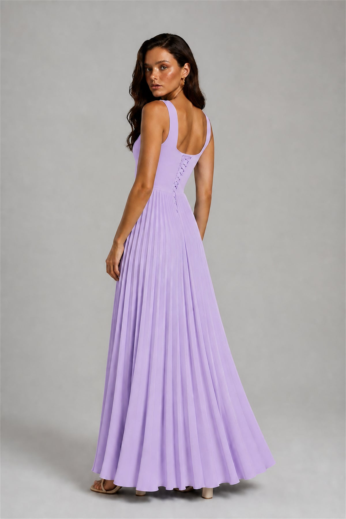 BOLODOO Lavender Square Neck Wide Strap Lace-Up Back Pleated A-Line Chiffon Maxi Dress - Lavender