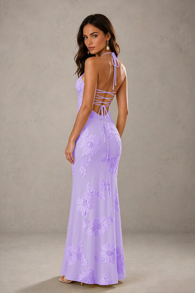 BOLODOO Lavender Halter Sweetheart Floral Embroidered Lace-Up Open Back Maxi Dress | BD0257 - Lavender