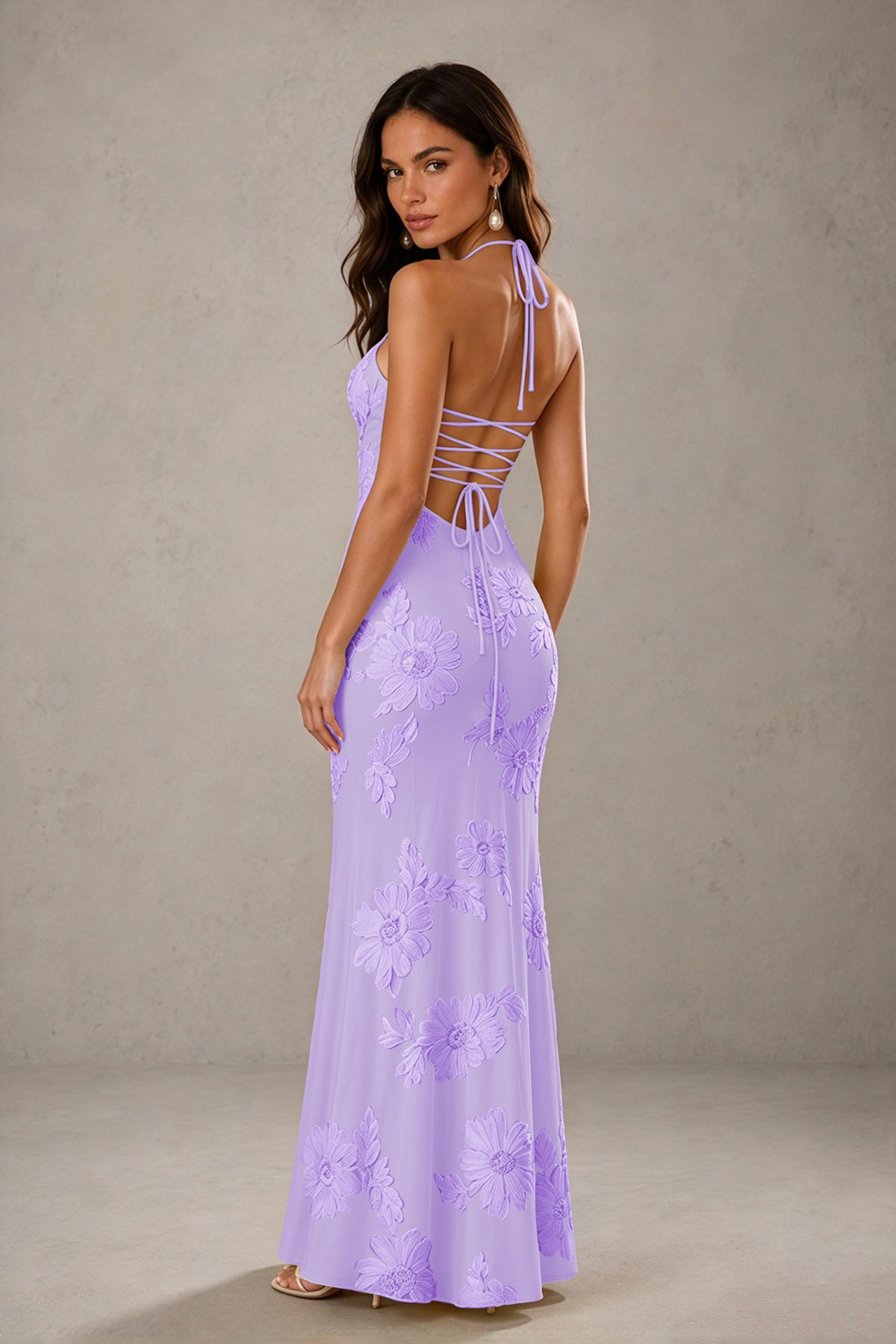 BOLODOO Lavender Halter Sweetheart Floral Embroidered Lace-Up Open Back Maxi Dress | BD0257 - Lavender