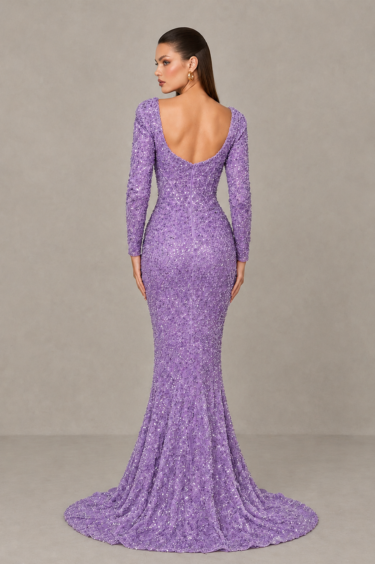 BOLODOO Lavender Sequin Long Sleeve Evening Gown with High Slit - Lavender - Lavender (2)