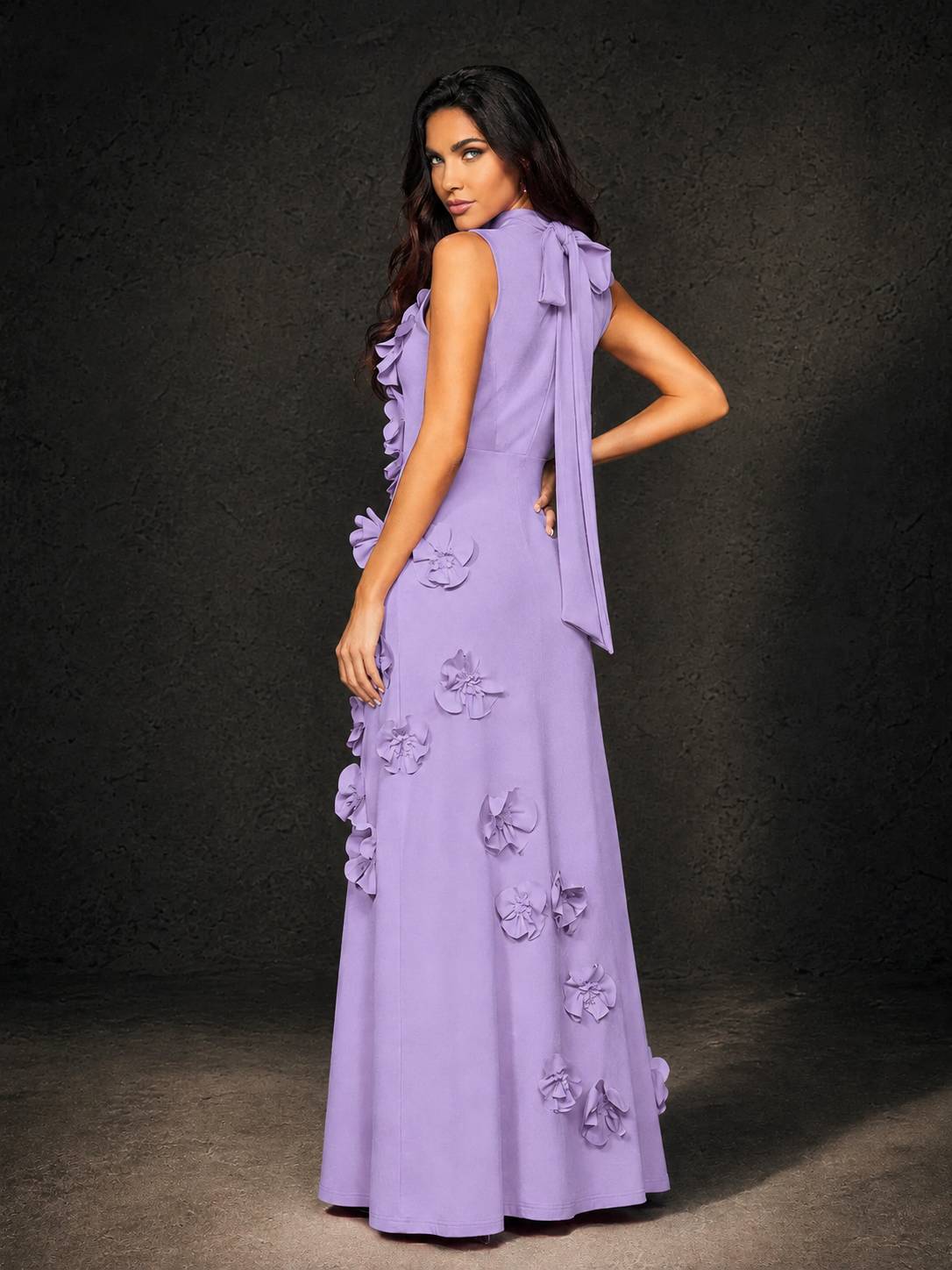 BOLODOO Lavender Mock Neck Sleeveless 3D Floral Appliqué Maxi Dress with Bow Back - Lavender