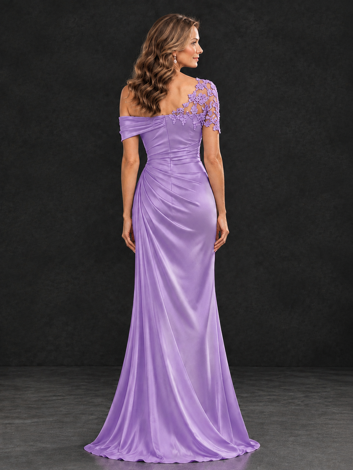 BOLODOO Lavender Asymmetric Satin Mother of the Bride Dress with Lace Sleeve - Lavender - Lavender (2)