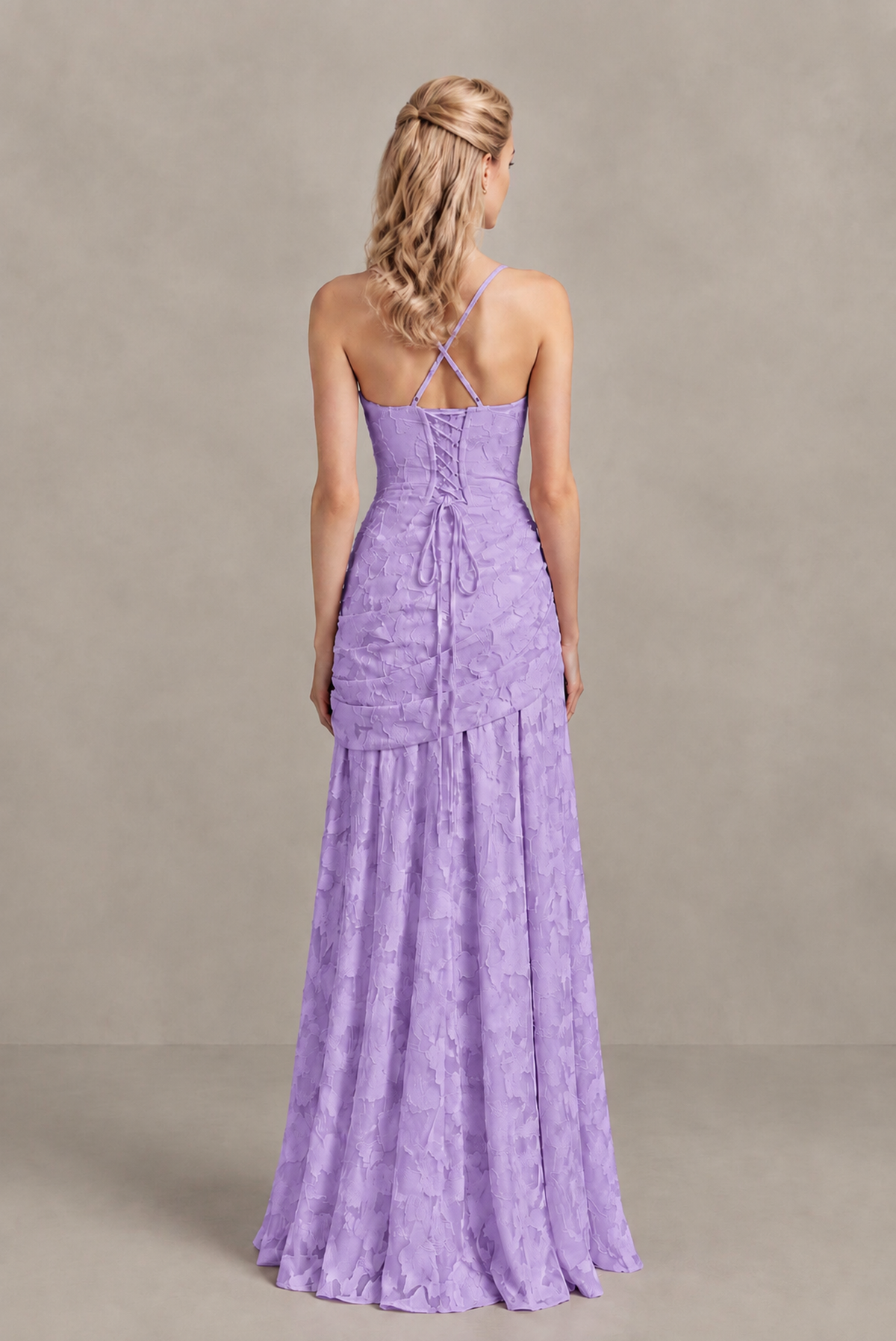 BOLODOO Lavender Ruched Floral Maxi Dress with Lace-Up Back - Lavender