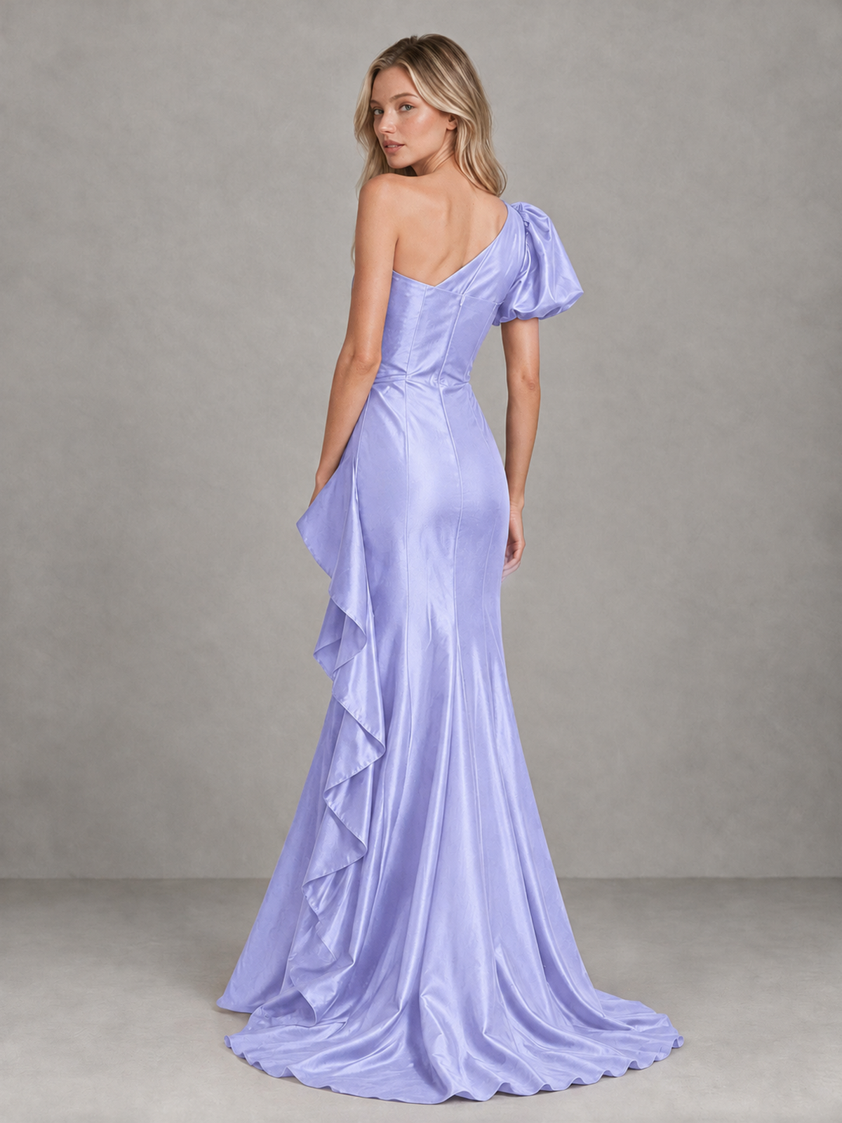 BOLODOO Lavender One-Shoulder Satin-Look Mermaid Evening Dress with Ruffles - Lavender - Lavender (2)