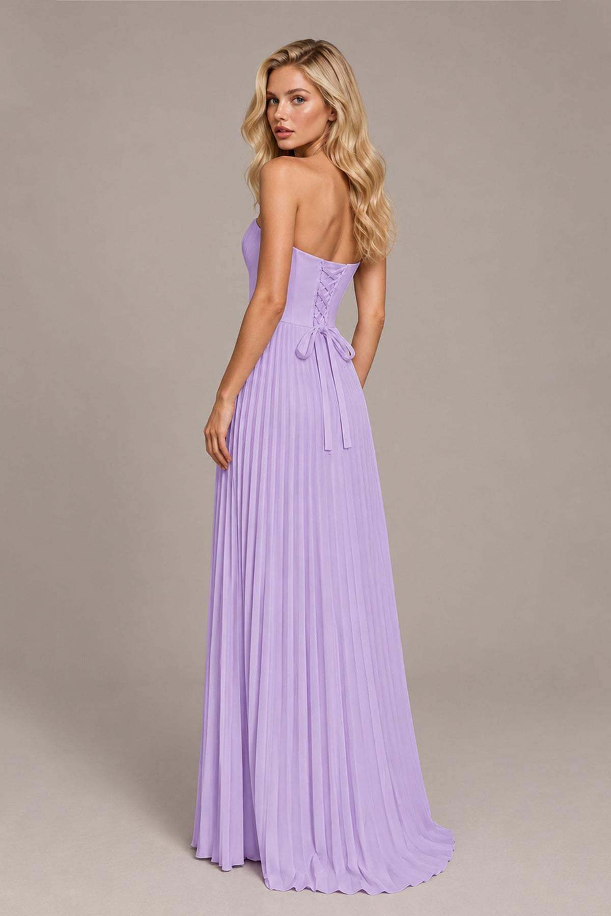 BOLODOO Lavender Strapless Sunburst Pleated Twisted Knot Lace-Up Back Accordion Pleated Chiffon Maxi Dress - Lavender