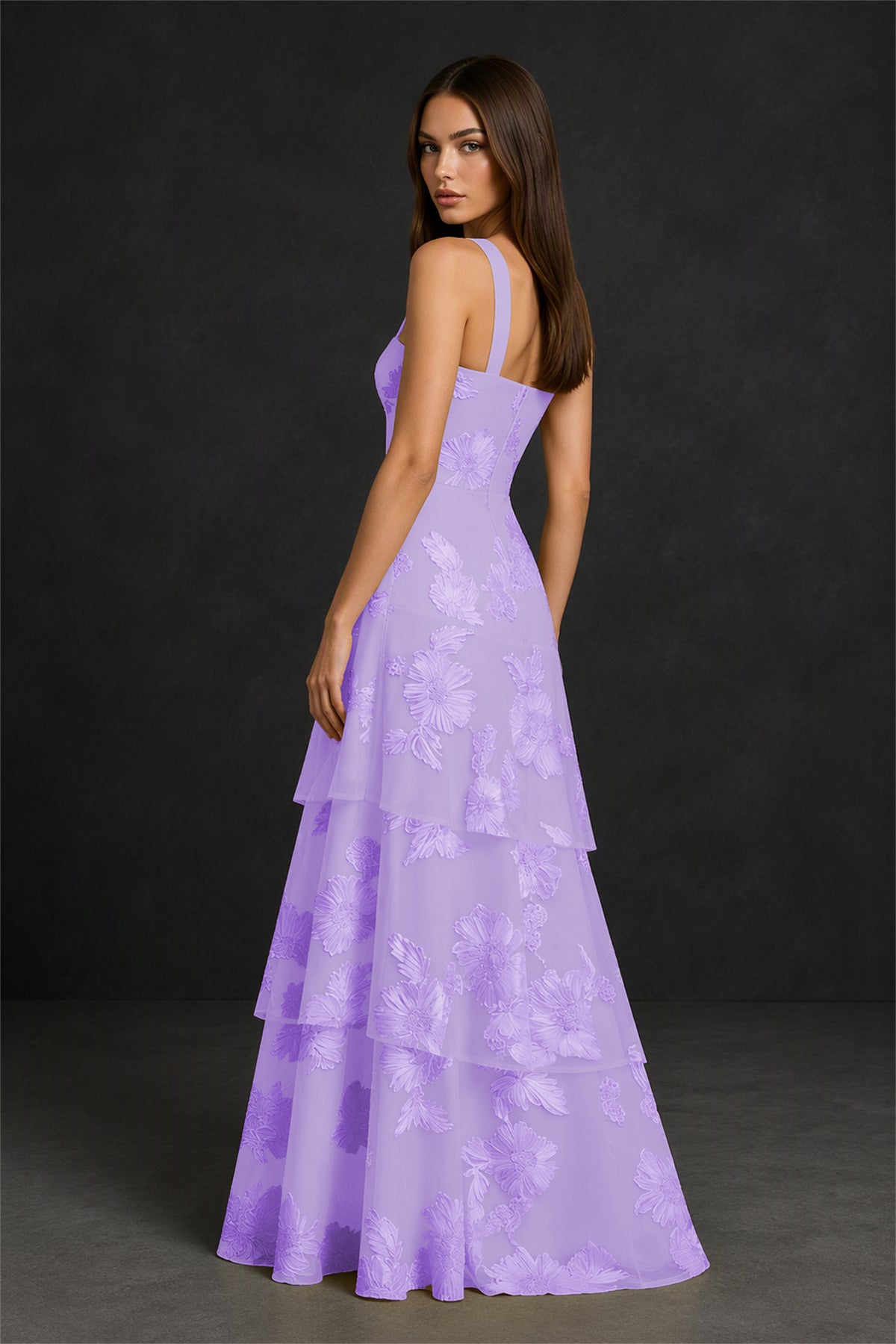 BOLODOO Lavender Crisscross Halter Neck Lavender Floral Embroidered Triple Tiered A-Line Tulle Maxi Dress - Lavender