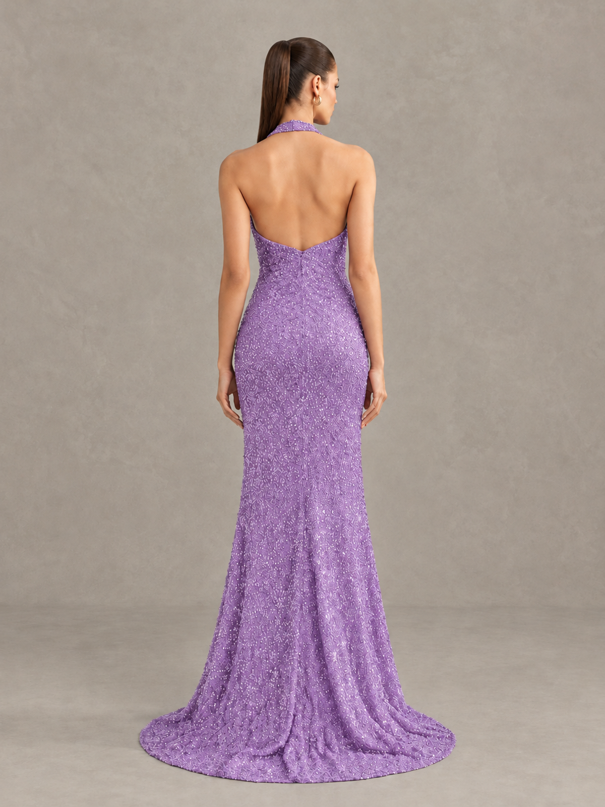 BOLODOO Lavender Sequin Halter Open Back Evening Gown with High Slit - Lavender - Lavender (2)