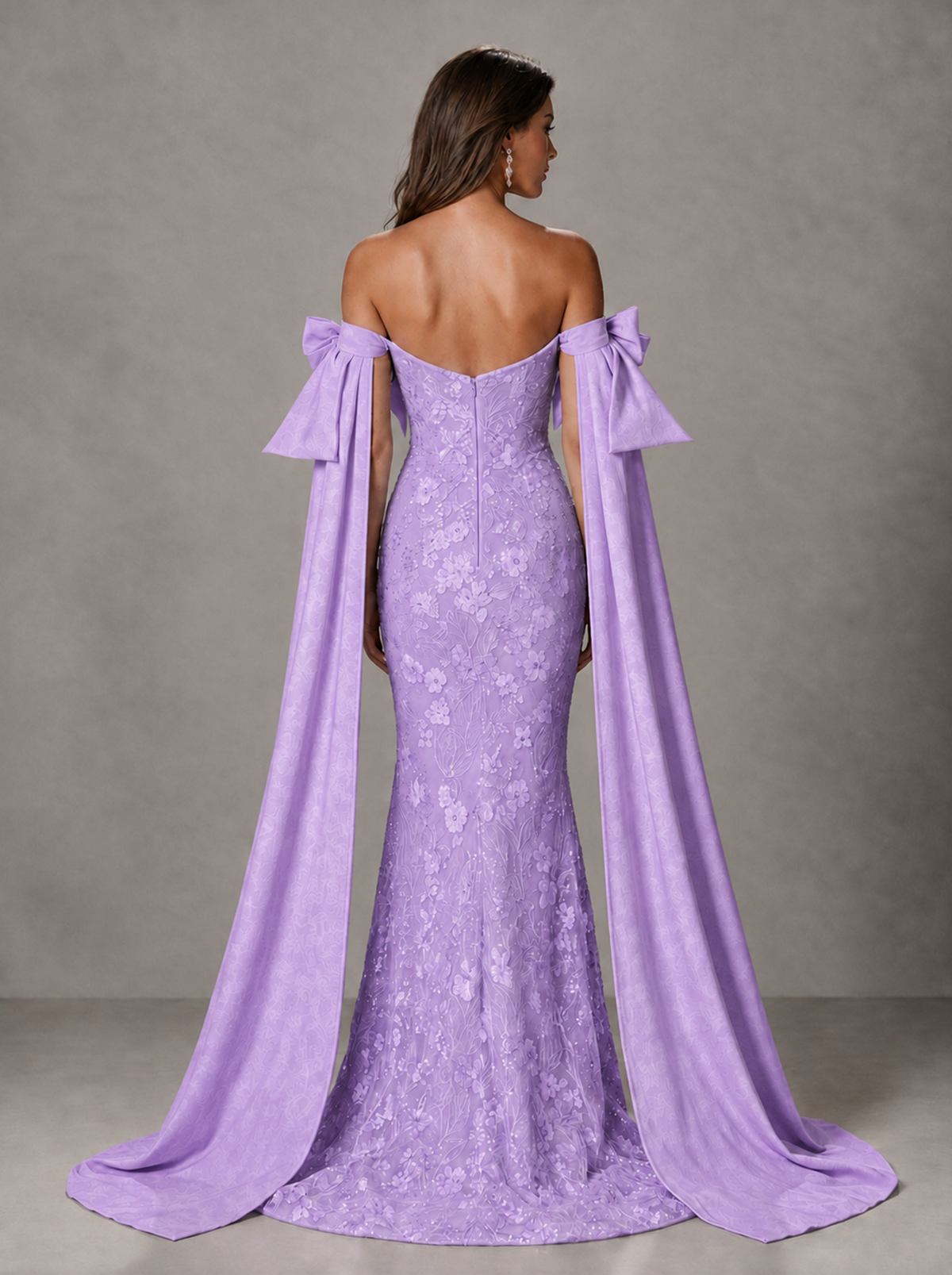 BOLODOO Lavender Floral Lace Mermaid Prom Dress with Off-Shoulder Bows - Lavender - Lavender (2)