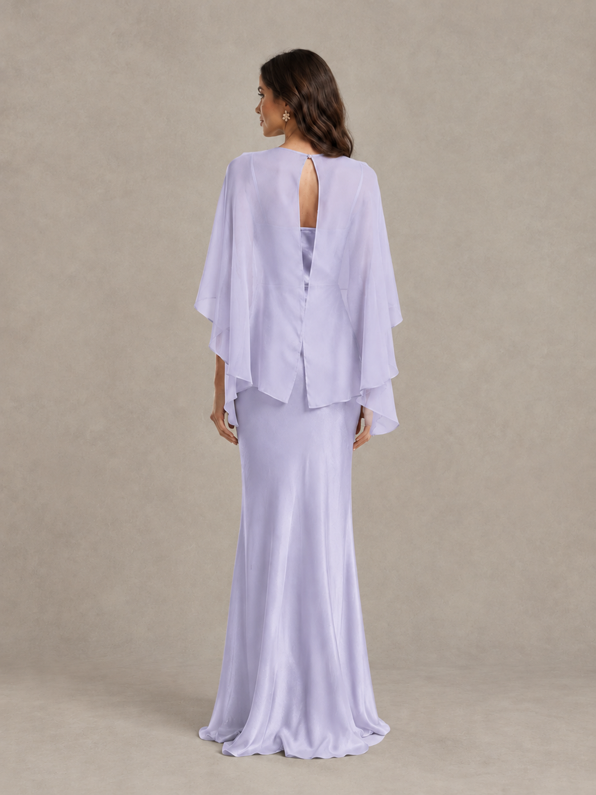 BOLODOO Lavender Satin Mermaid Bridesmaid Dress with Chiffon Cape - Lavender - Lavender (2)