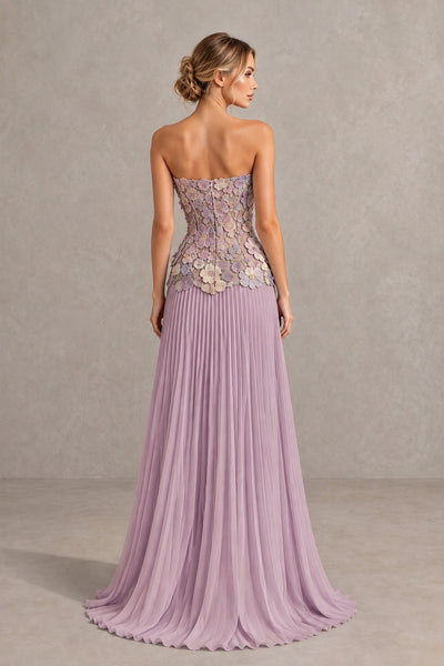 BOLODOO Lavender Strapless Floral Applique Pleated Evening Dress - Lavender - Lavender (2)
