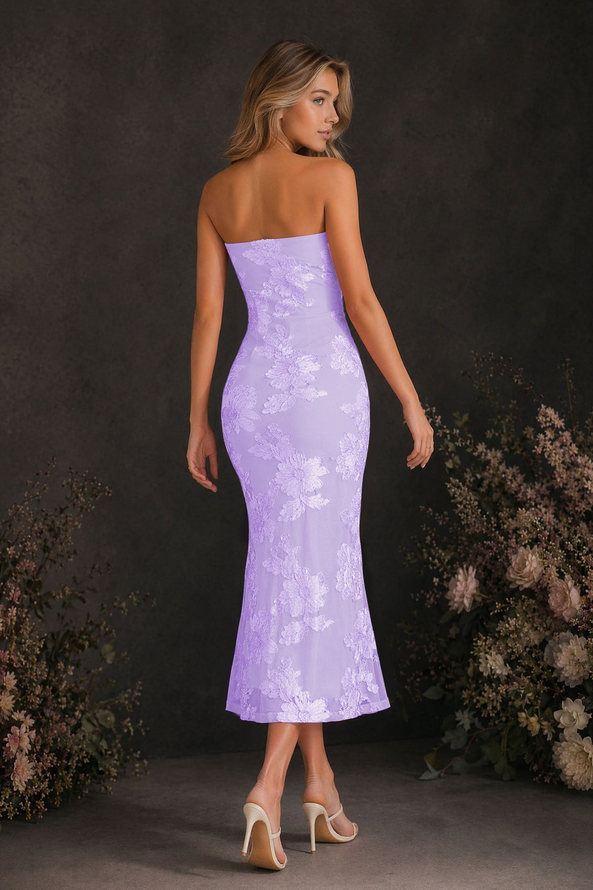 BOLODOO Lavender Tonal Floral Embroidered Mesh Strapless Open Back Bodycon Midi Tea Length Dress - Lavender