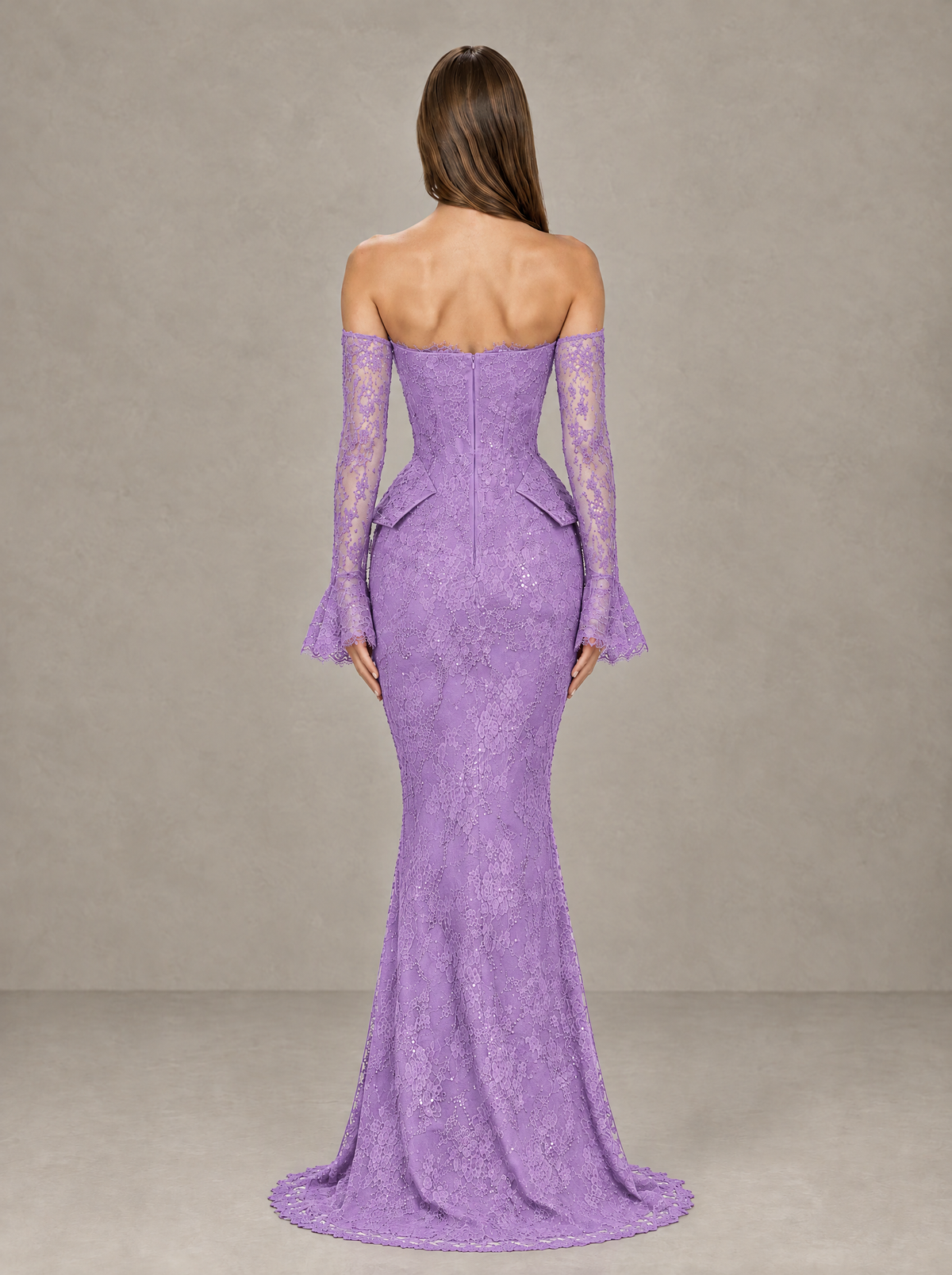 BOLODOO Lavender Lace Off-the-Shoulder Long Sleeve Mermaid Evening Gown - Lavender - Lavender (2)