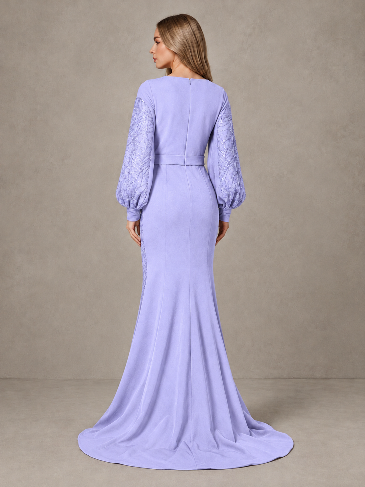 BOLODOO Lavender Sequin Long Bishop Sleeve Mermaid Evening Dress - Lavender - Lavender (2)