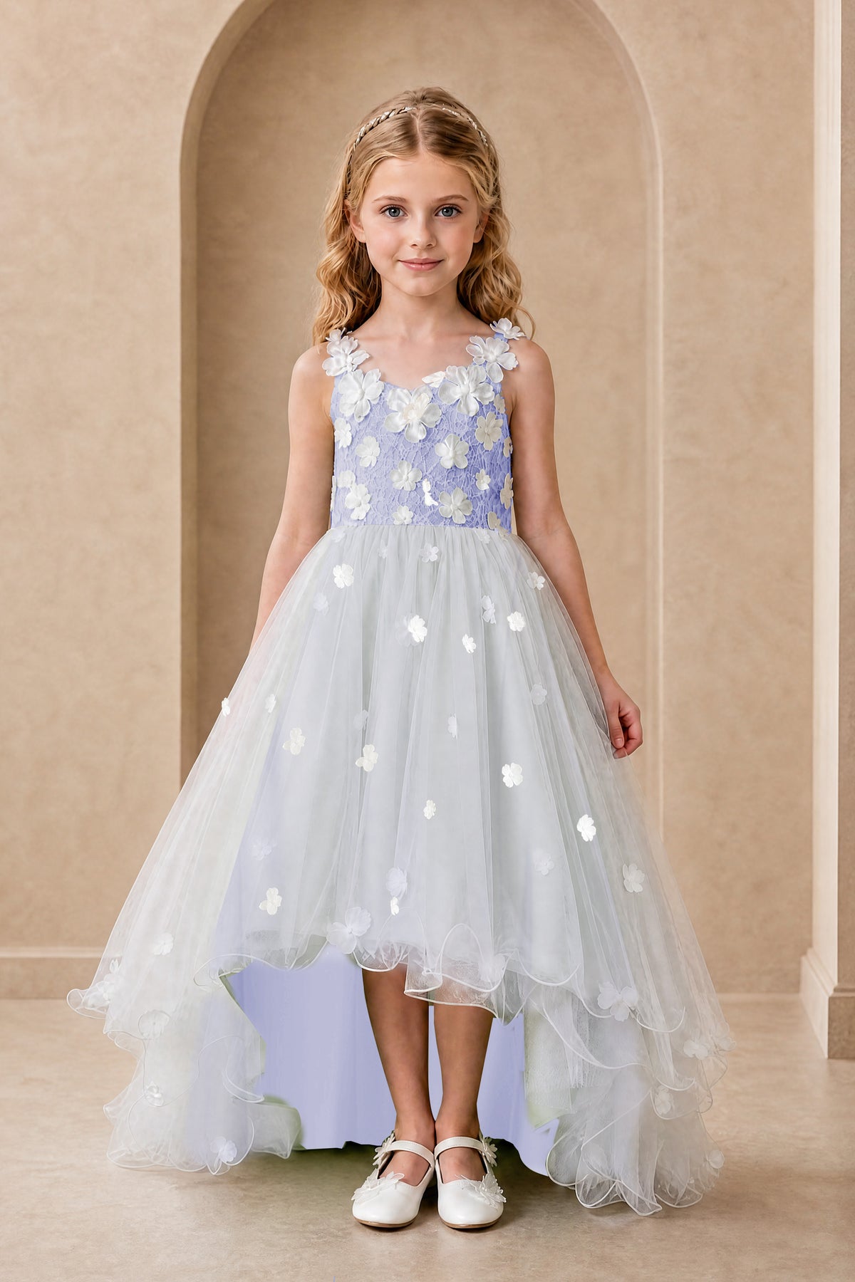 BOLODOO Lavender Flower Girl Dress with Floral Appliqué and High-Low Tulle Skirt - Lavender