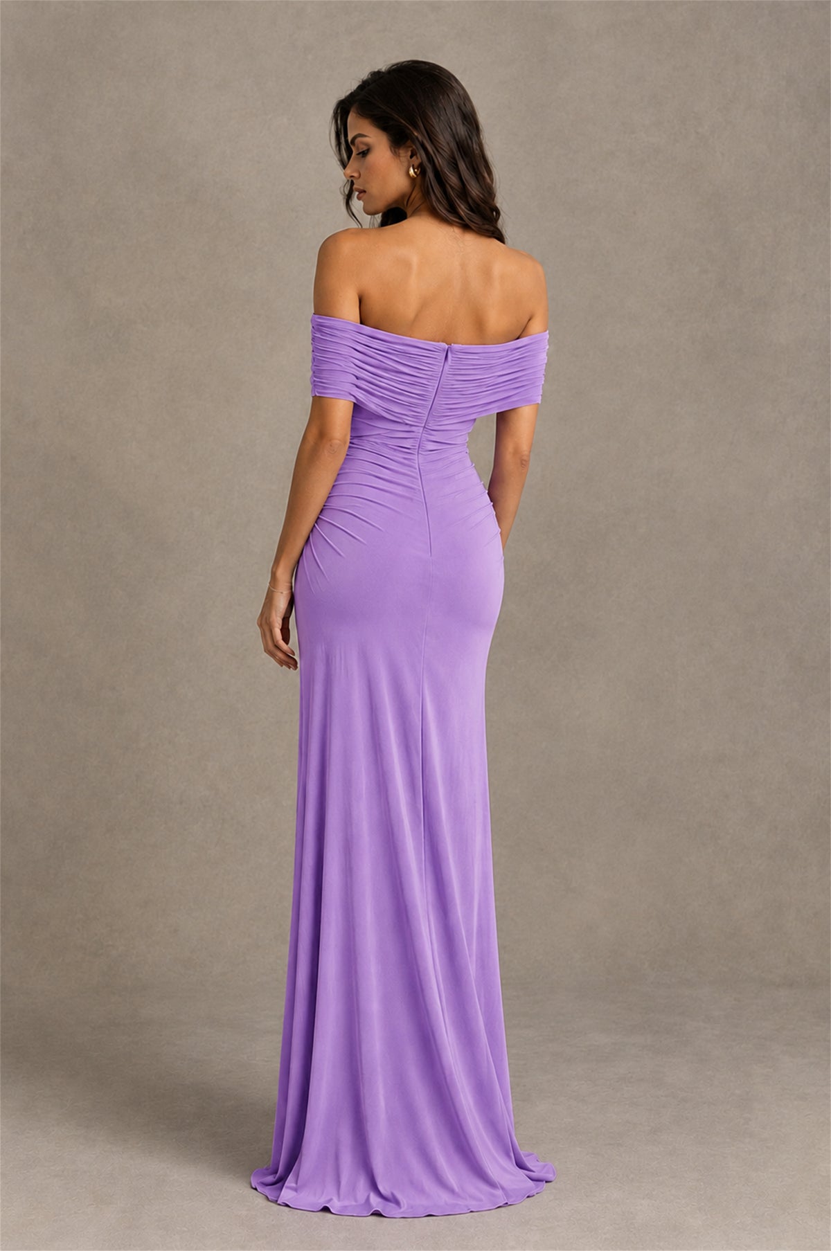 BOLODOO Lavender Off-Shoulder Ruched Maxi Dress - Lavender