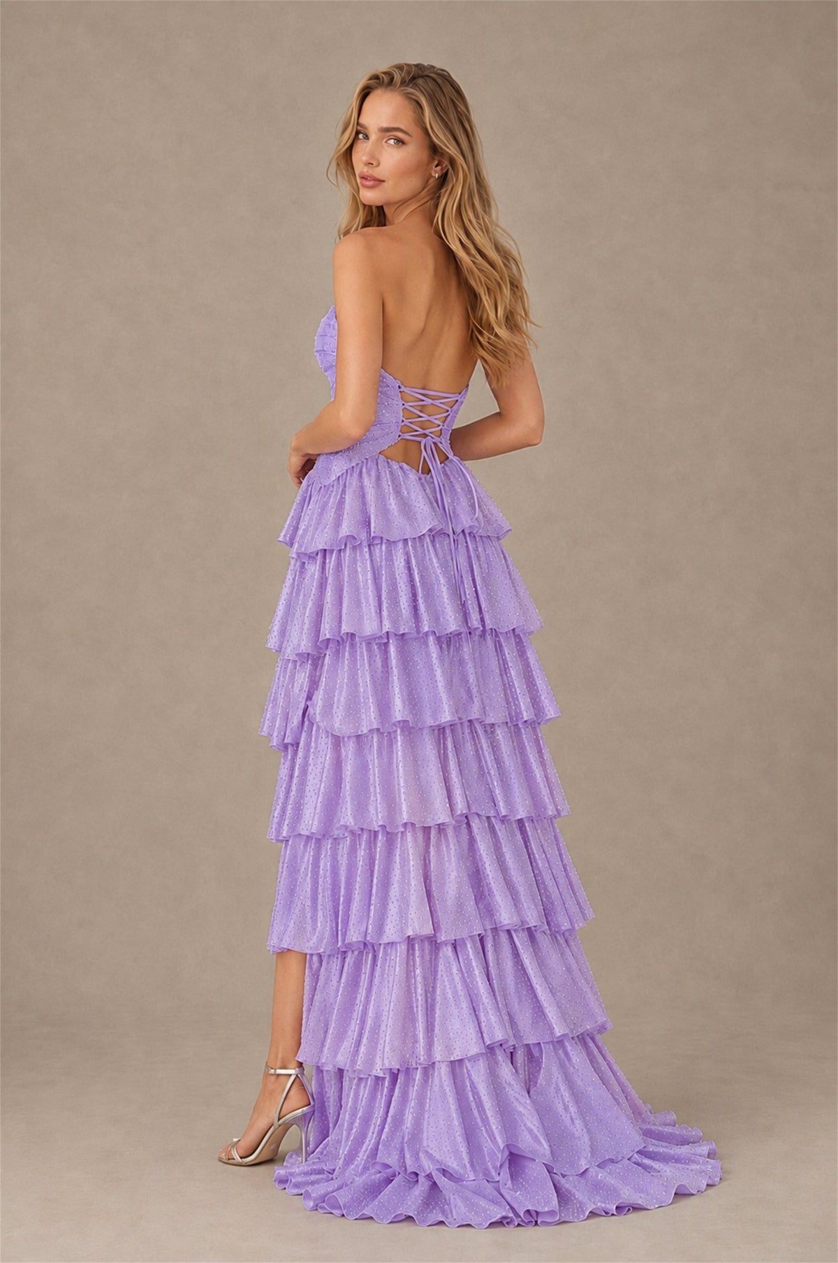 BOLODOO Lavender Strapless Cutout Tiered Ruffle Prom Dress with High Slit - Lavender - Lavender (2)