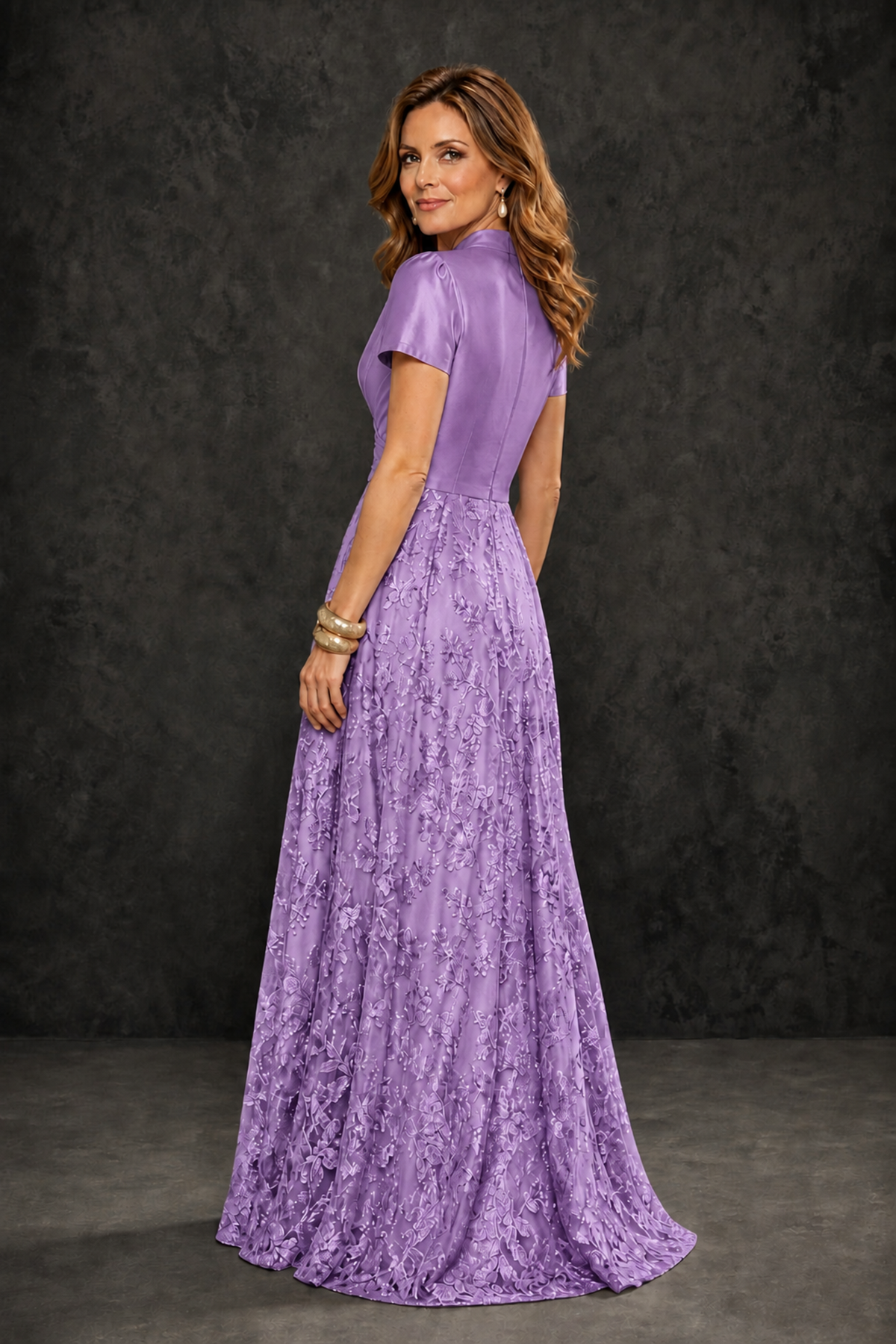 BOLODOO Lavender Satin Wrap V-Neck Short Sleeve Lace Glitter A-Line Floor Length Evening Gown – Formal Dress - Lavender - Lavender (2)