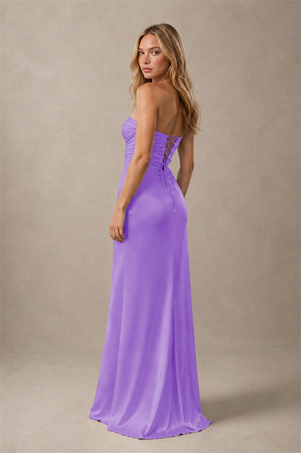 BOLODOO Lavender Sweetheart Strapless Twist Knot Cutout Lace-Up Back Satin Mermaid Maxi Dress - Lavender - Lavender (2)