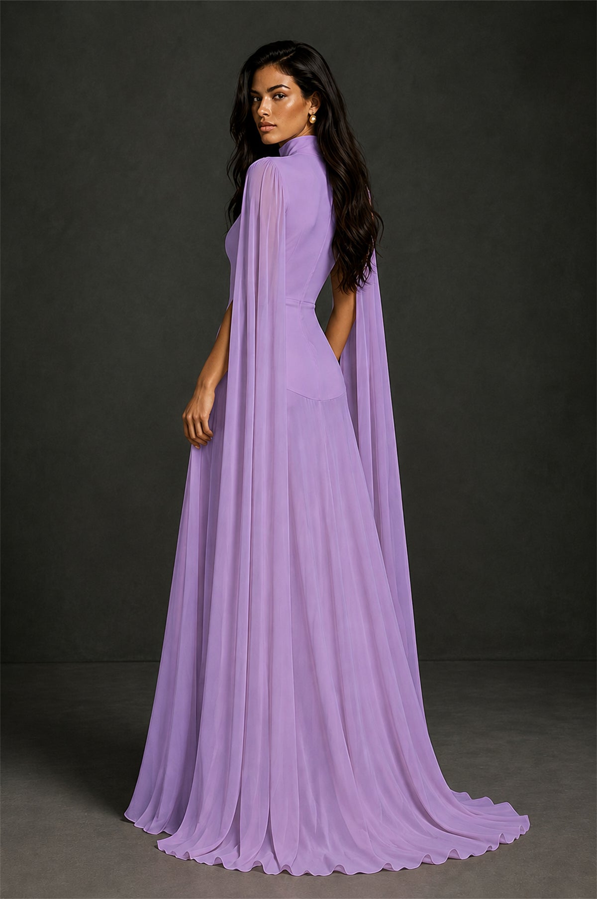BOLODOO Lavender Mock Neck Cape Sleeve A-Line Chiffon Maxi Dress - Lavender - Lavender (2)