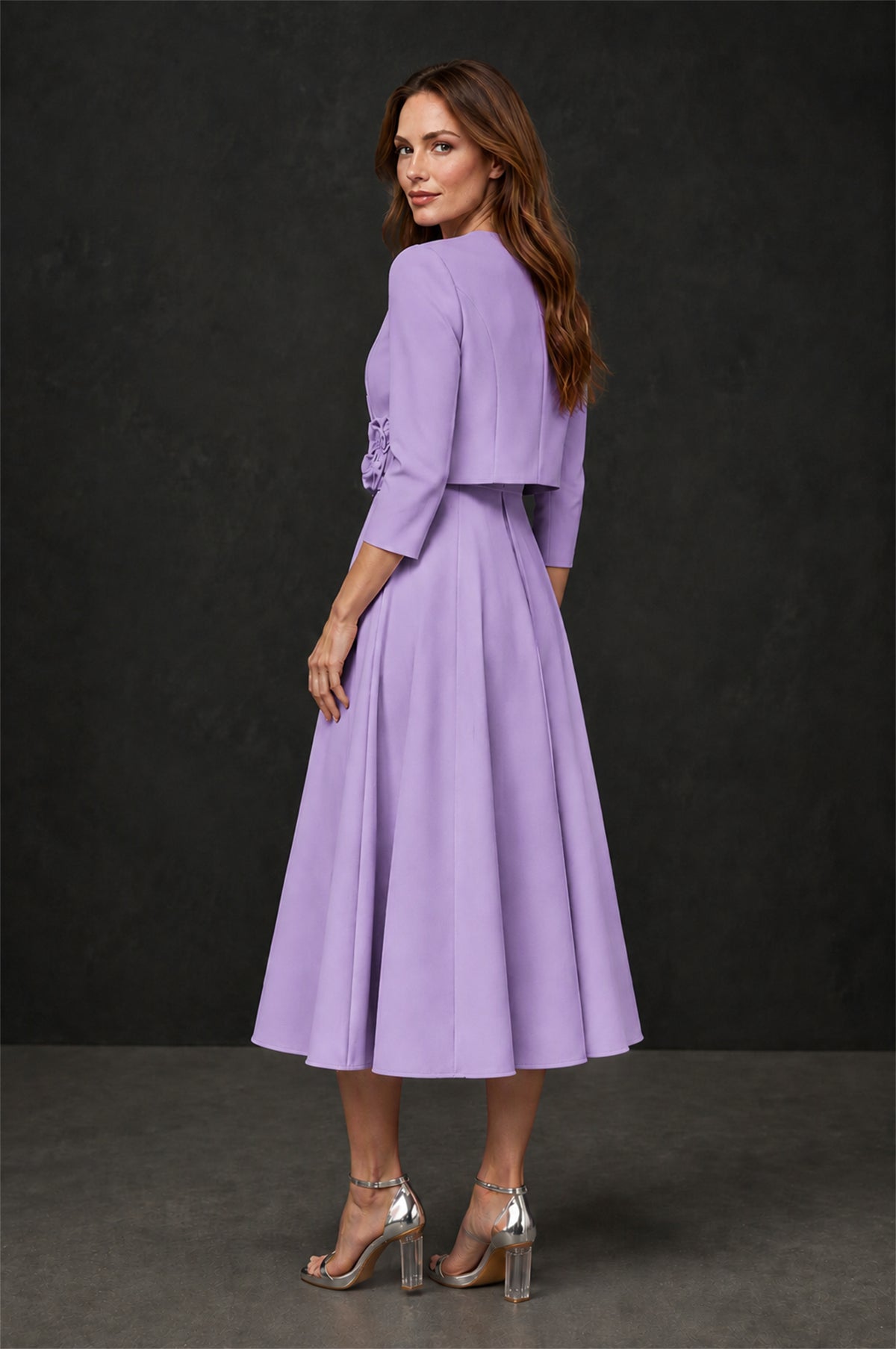 BOLODOO Lavender 3D Rosette Appliqué 3/4 Sleeve Jacket & V-Notch Sleeveless A-Line Tea-Length Two-Piece Dress Set - Lavender