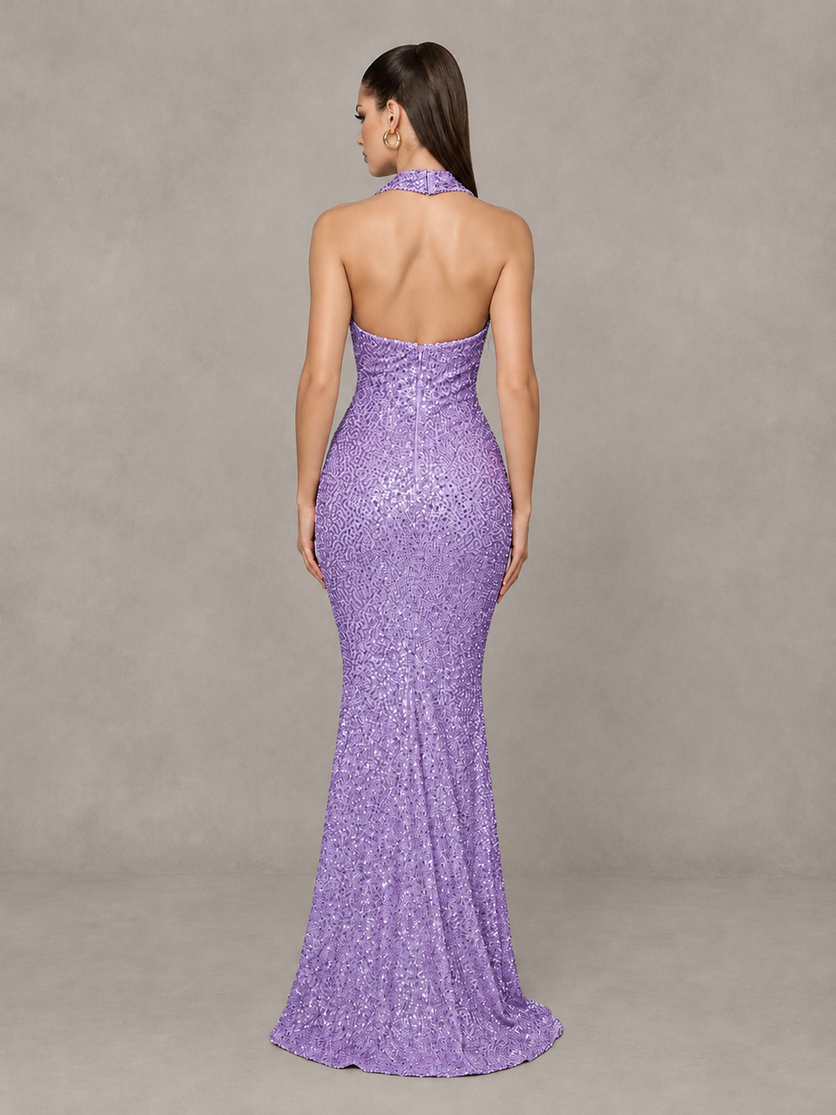 BOLODOO Lavender Sequin Halter Mermaid Evening Gown - Lavender - Lavender (2)
