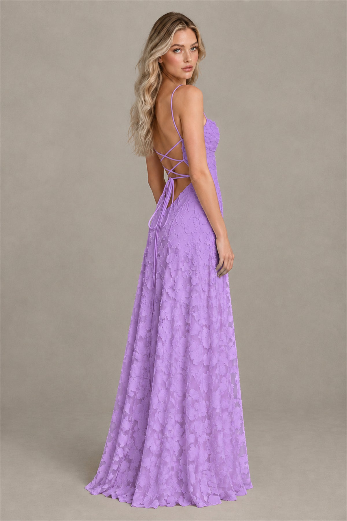 BOLODOO Lavender Floral Appliqué Lace-Up Back Maxi Dress - Lavender