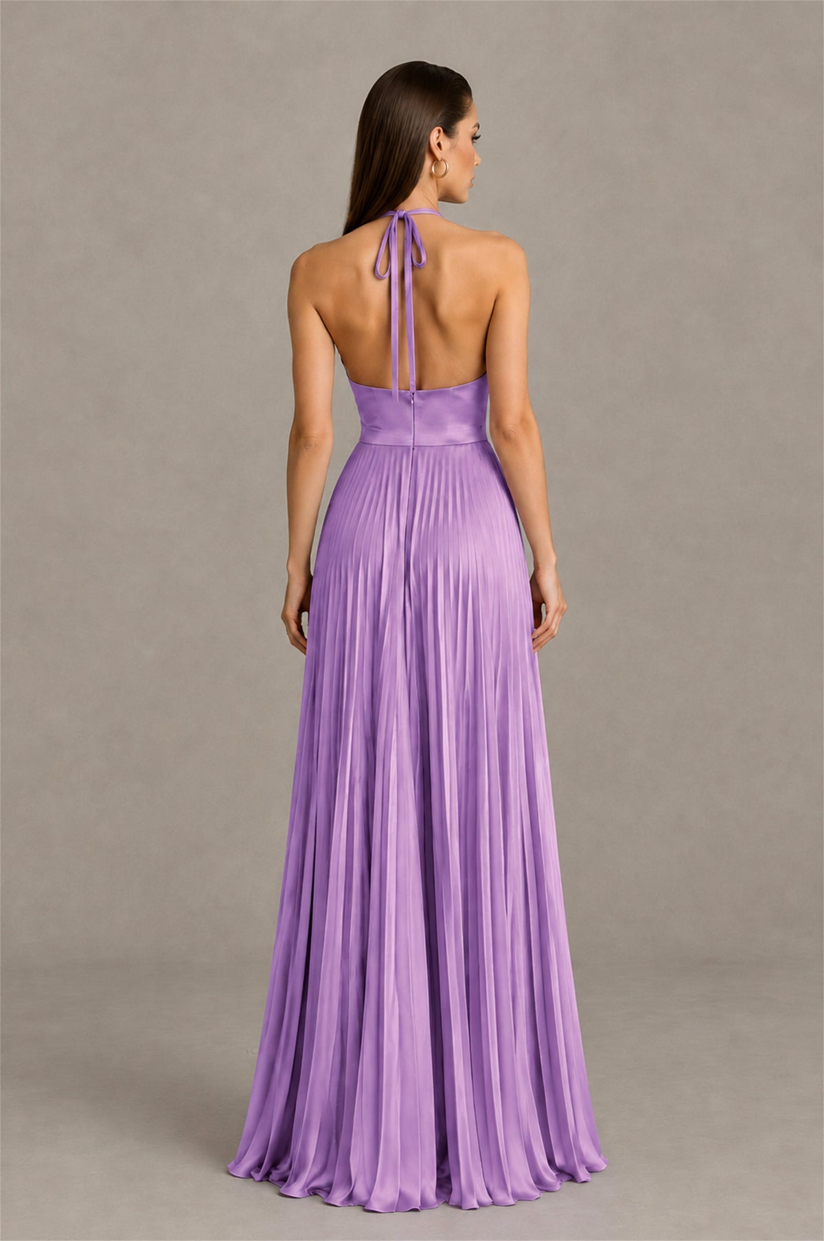 BOLODOO Lavender Halter Pleated A-Line Evening Dress - Lavender
