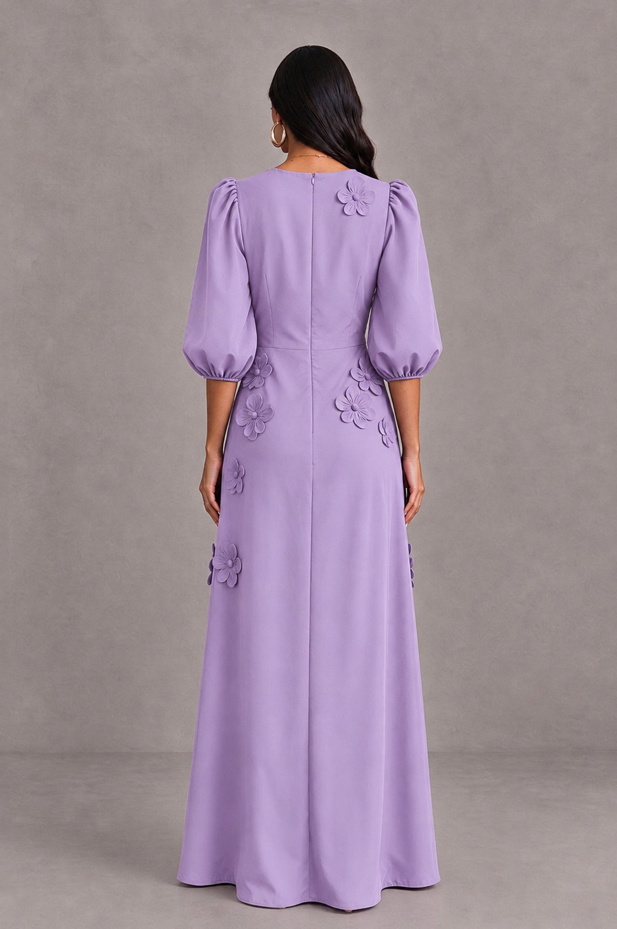 BOLODOO Lavender Floral Applique Puff Sleeve A-Line Evening Dress - Lavender - Lavender (2)