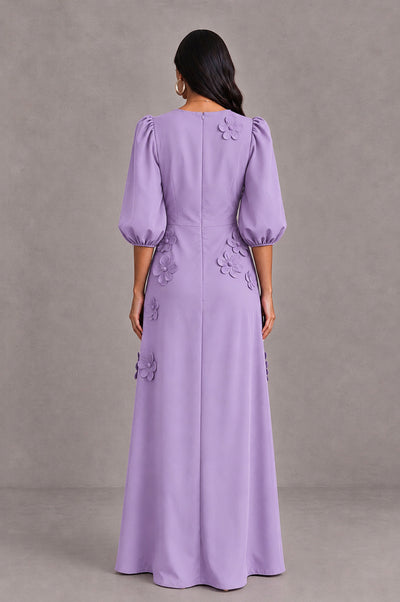 BOLODOO Lavender Floral Applique Puff Sleeve A-Line Evening Dress - Lavender - Lavender (2)