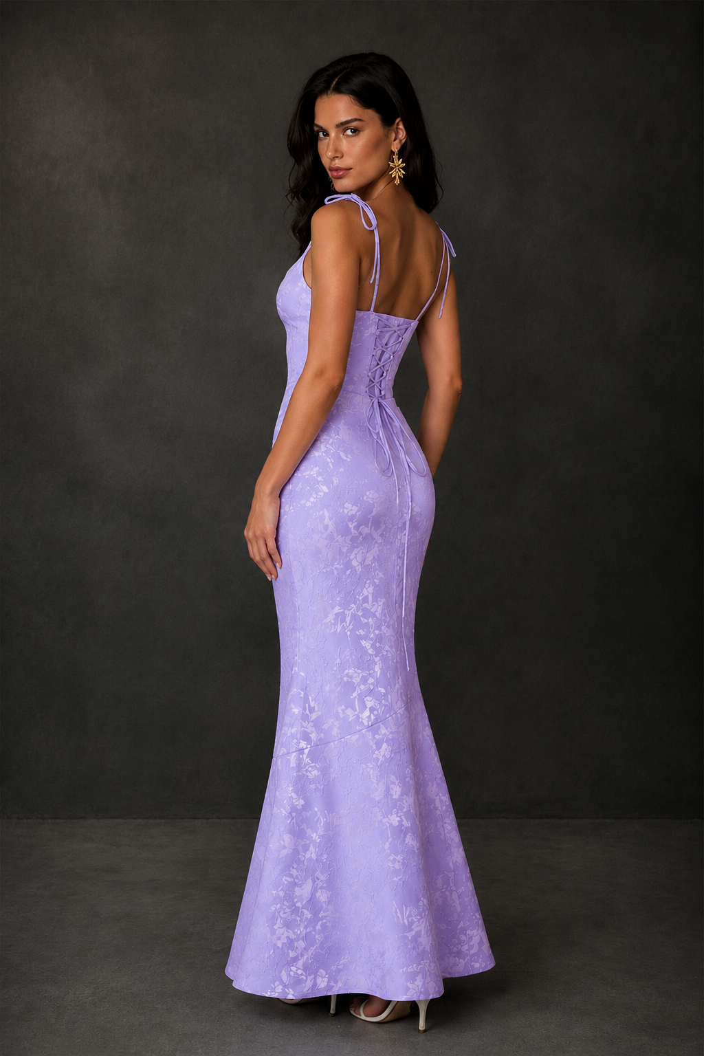 BOLODOO Lavender Scoop Neck Tie Strap Lace-Up Back Floral Jacquard Mermaid Maxi Dress - Lavender