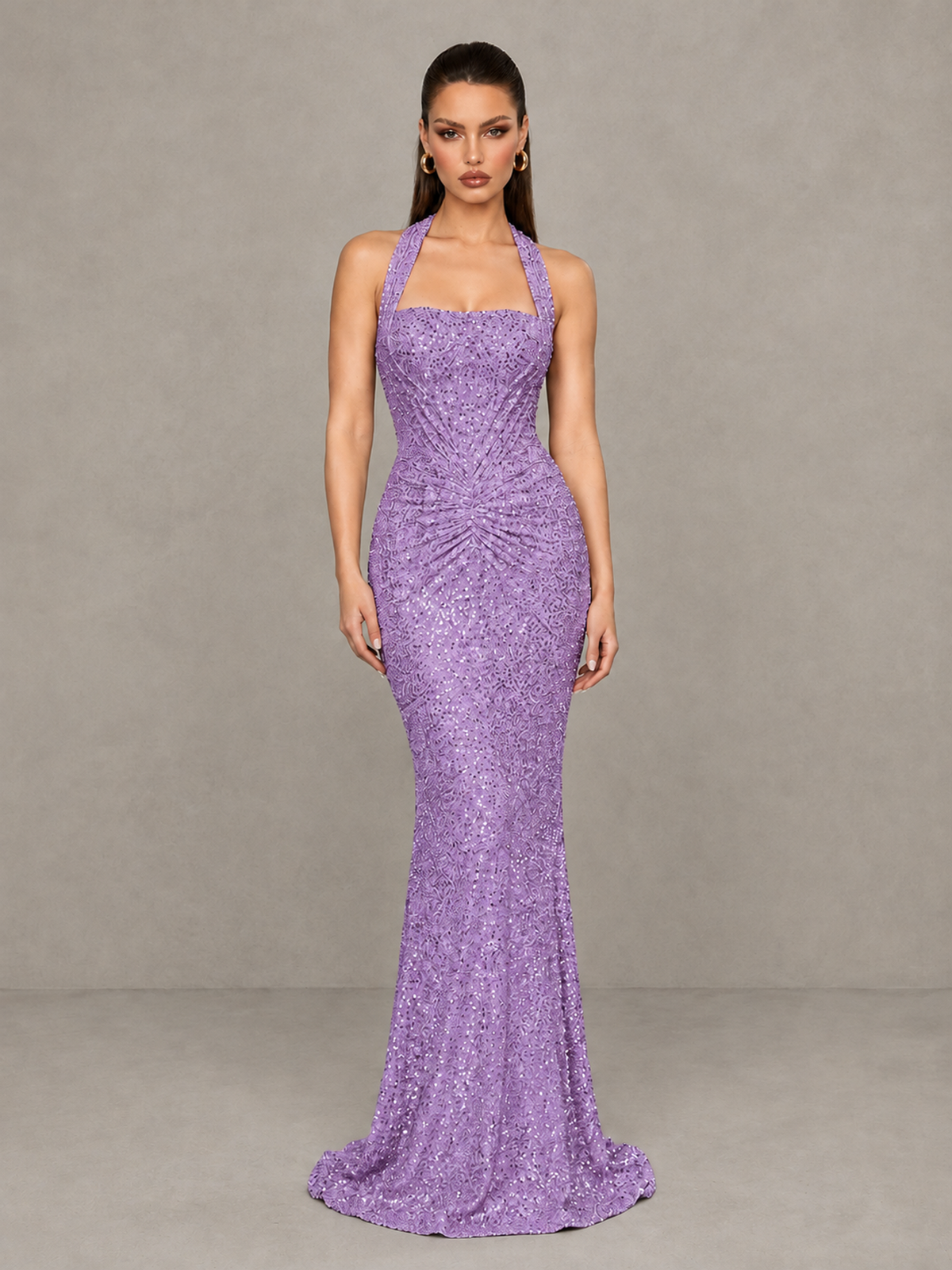 BOLODOO Lavender Sequin Halter Mermaid Evening Gown - Lavender - Lavender (3)