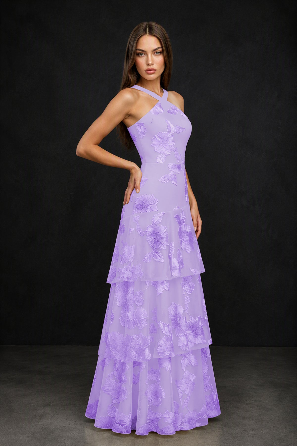 BOLODOO Lavender Crisscross Halter Neck Lavender Floral Embroidered Triple Tiered A-Line Tulle Maxi Dress - Lavender