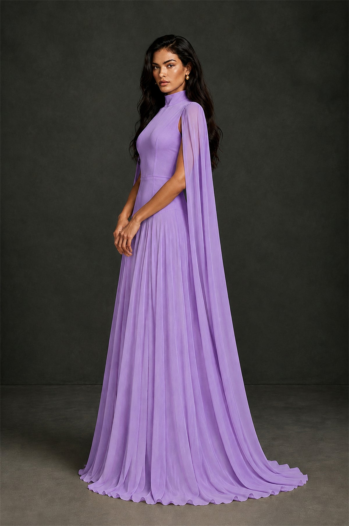 BOLODOO Lavender Mock Neck Cape Sleeve A-Line Chiffon Maxi Dress - Lavender - Lavender (3)