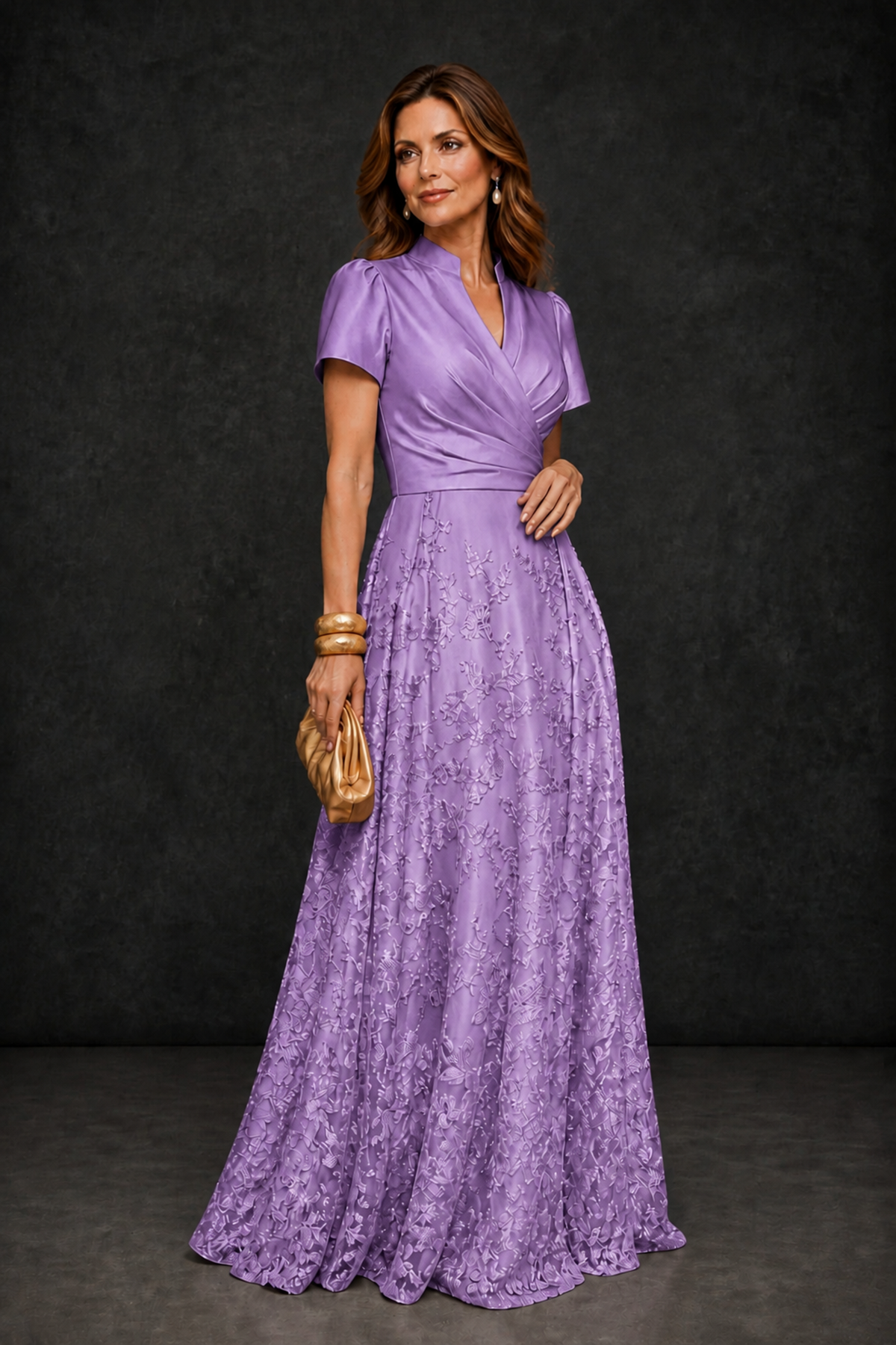 BOLODOO Lavender Satin Wrap V-Neck Short Sleeve Lace Glitter A-Line Floor Length Evening Gown – Formal Dress - Lavender - Lavender (3)
