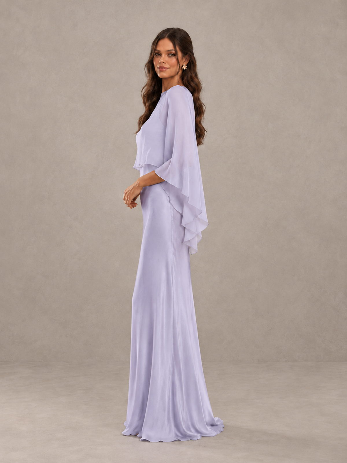 BOLODOO Lavender Satin Mermaid Bridesmaid Dress with Chiffon Cape - Lavender - Lavender (3)