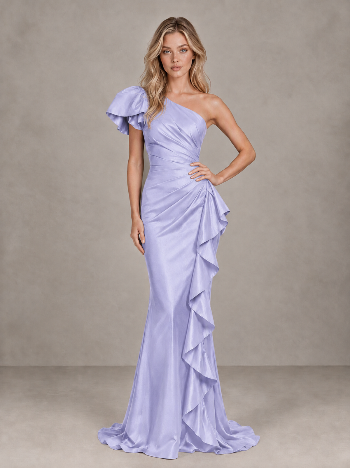 BOLODOO Lavender One-Shoulder Satin-Look Mermaid Evening Dress with Ruffles - Lavender - Lavender (3)