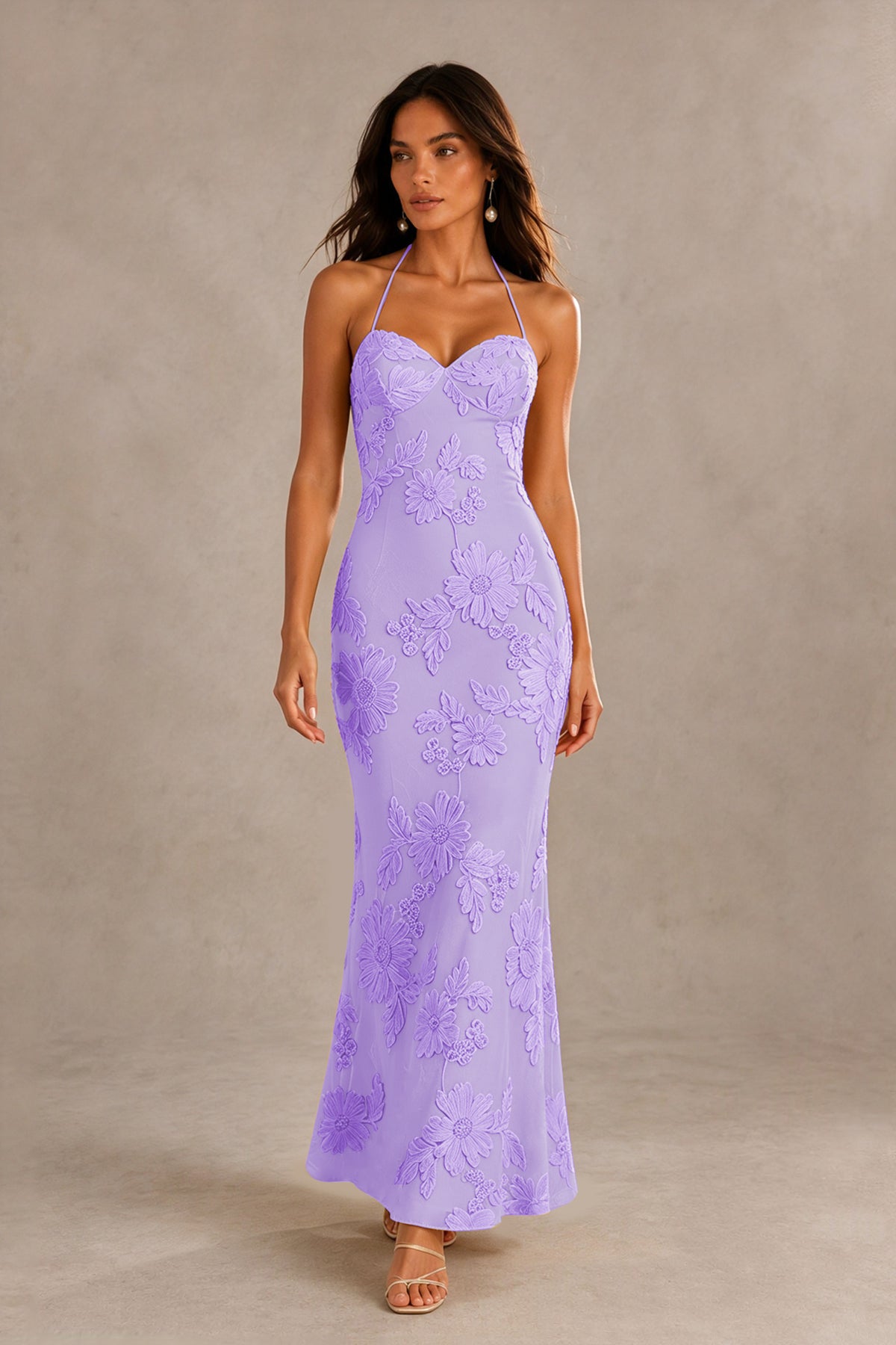 BOLODOO Lavender Halter Sweetheart Floral Embroidered Lace-Up Open Back Maxi Dress | BD0257 - Lavender