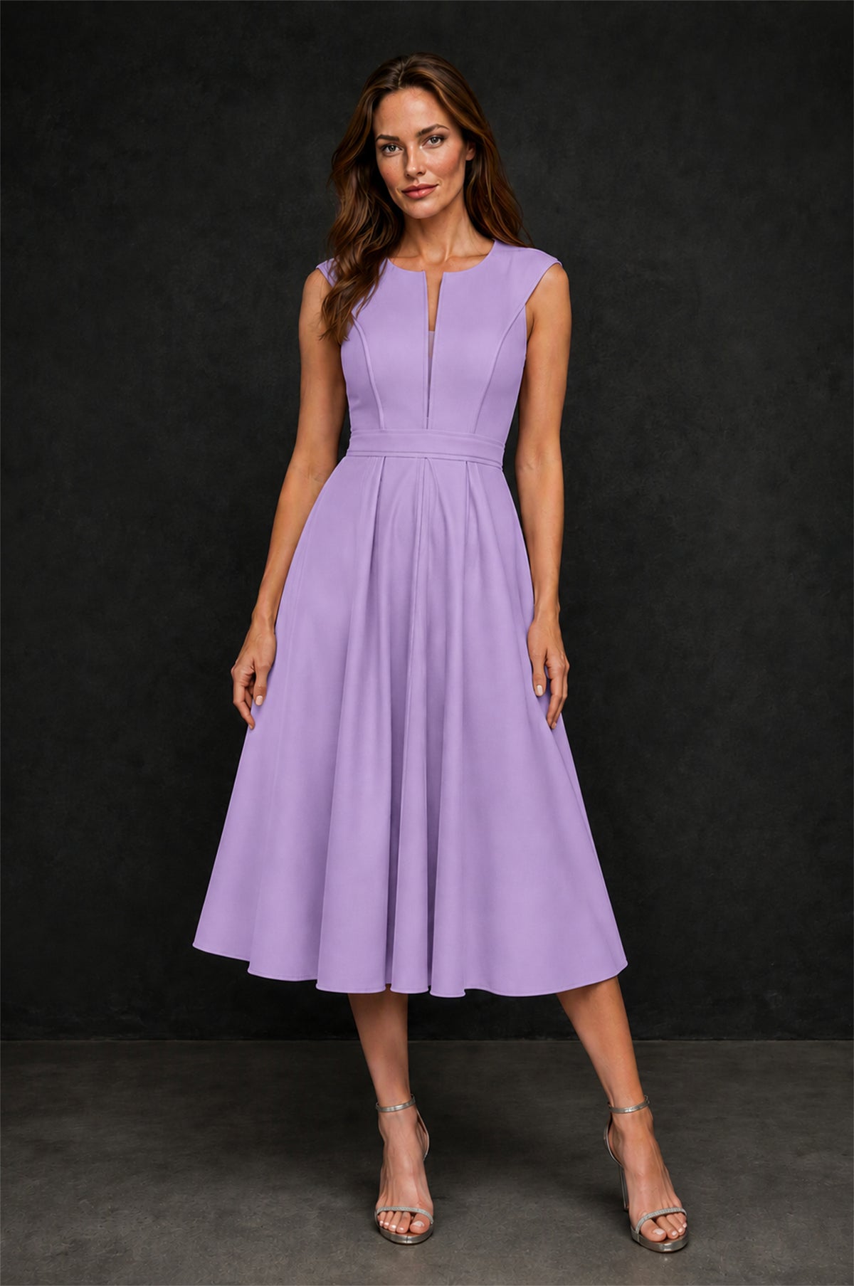 BOLODOO Lavender 3D Rosette Appliqué 3/4 Sleeve Jacket & V-Notch Sleeveless A-Line Tea-Length Two-Piece Dress Set - Lavender