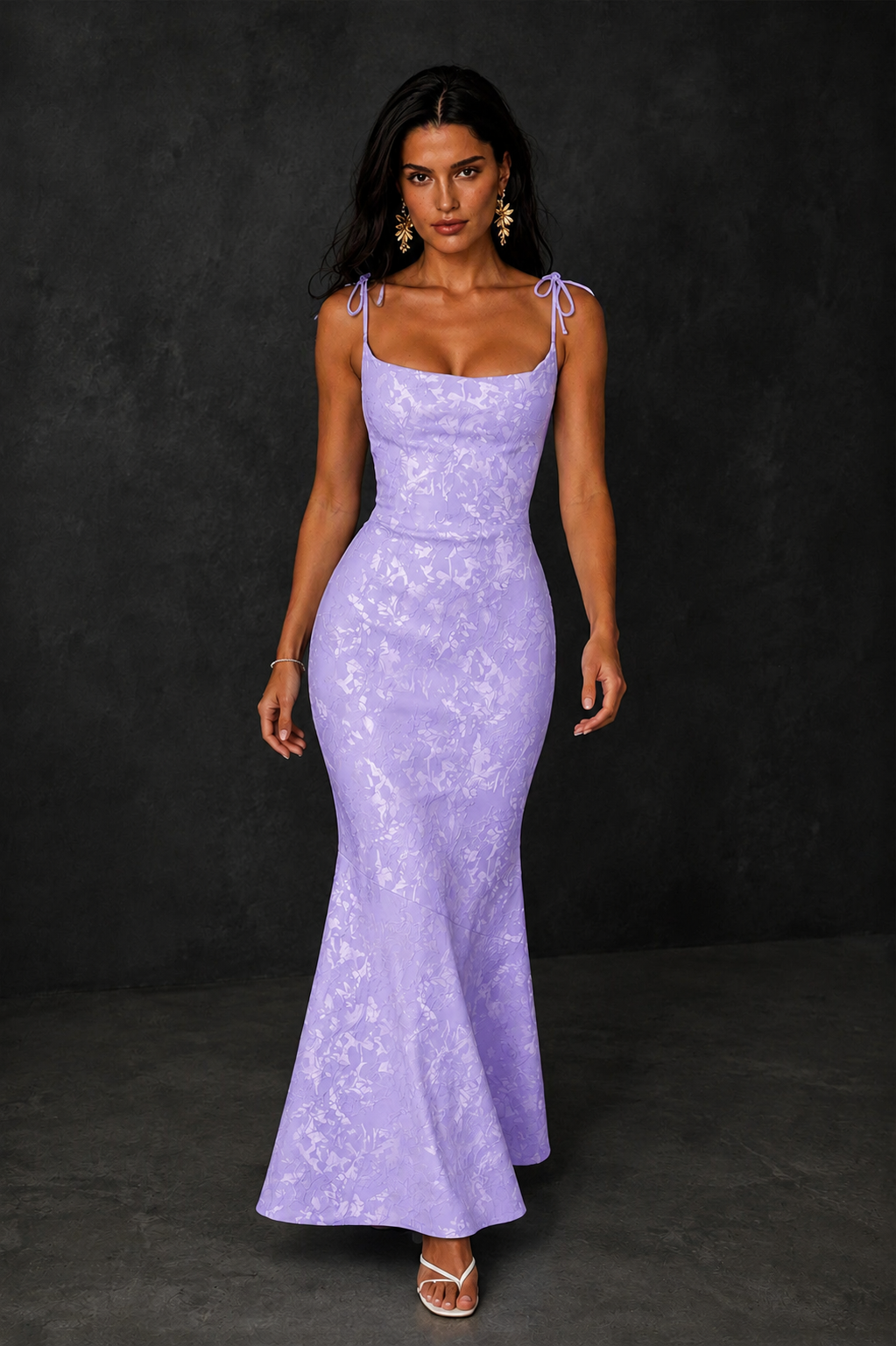BOLODOO Lavender Scoop Neck Tie Strap Lace-Up Back Floral Jacquard Mermaid Maxi Dress - Lavender