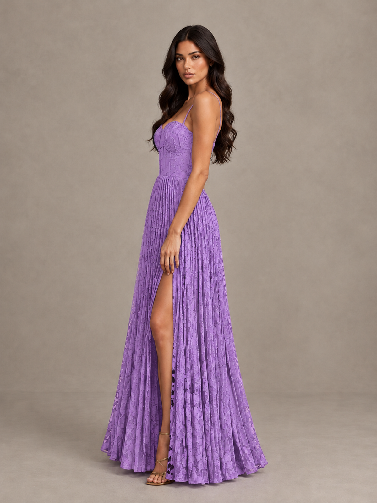 BOLODOO Lavender Pleated Bridesmaid Dress with Sweetheart Neckline & Slit - Lavender - Lavender (3)