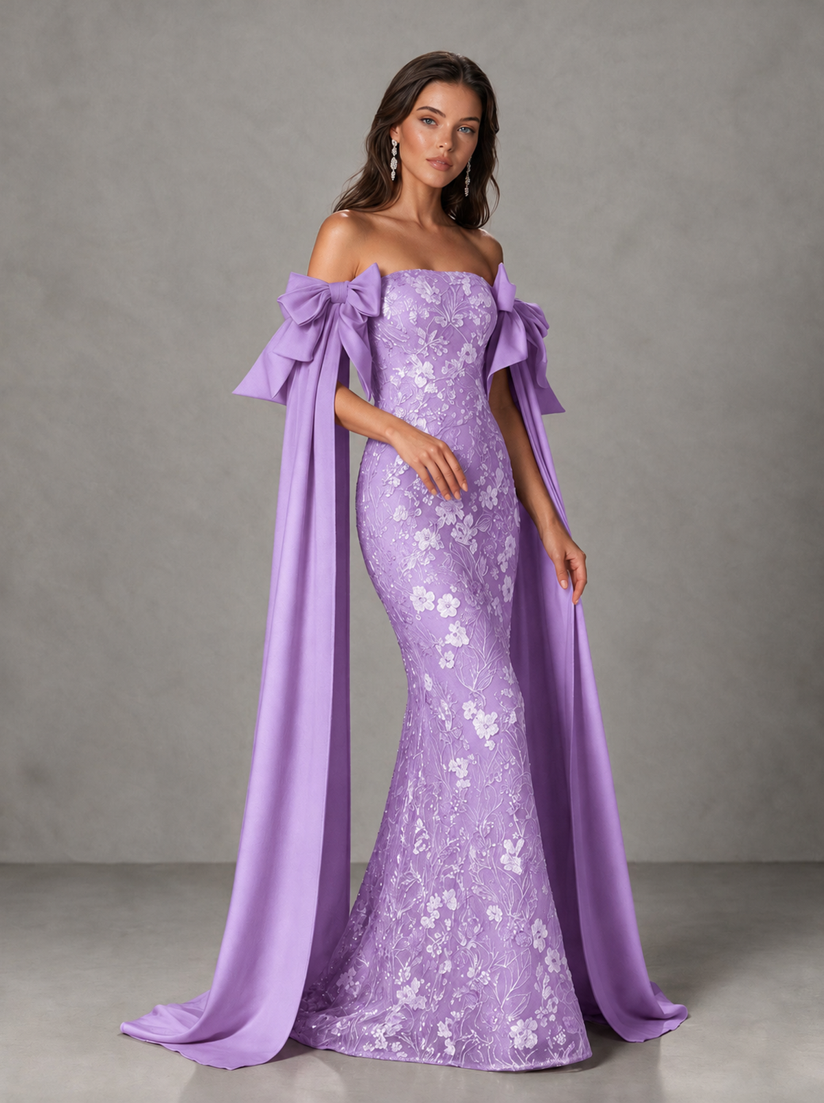 BOLODOO Lavender Floral Lace Mermaid Prom Dress with Off-Shoulder Bows - Lavender - Lavender (3)