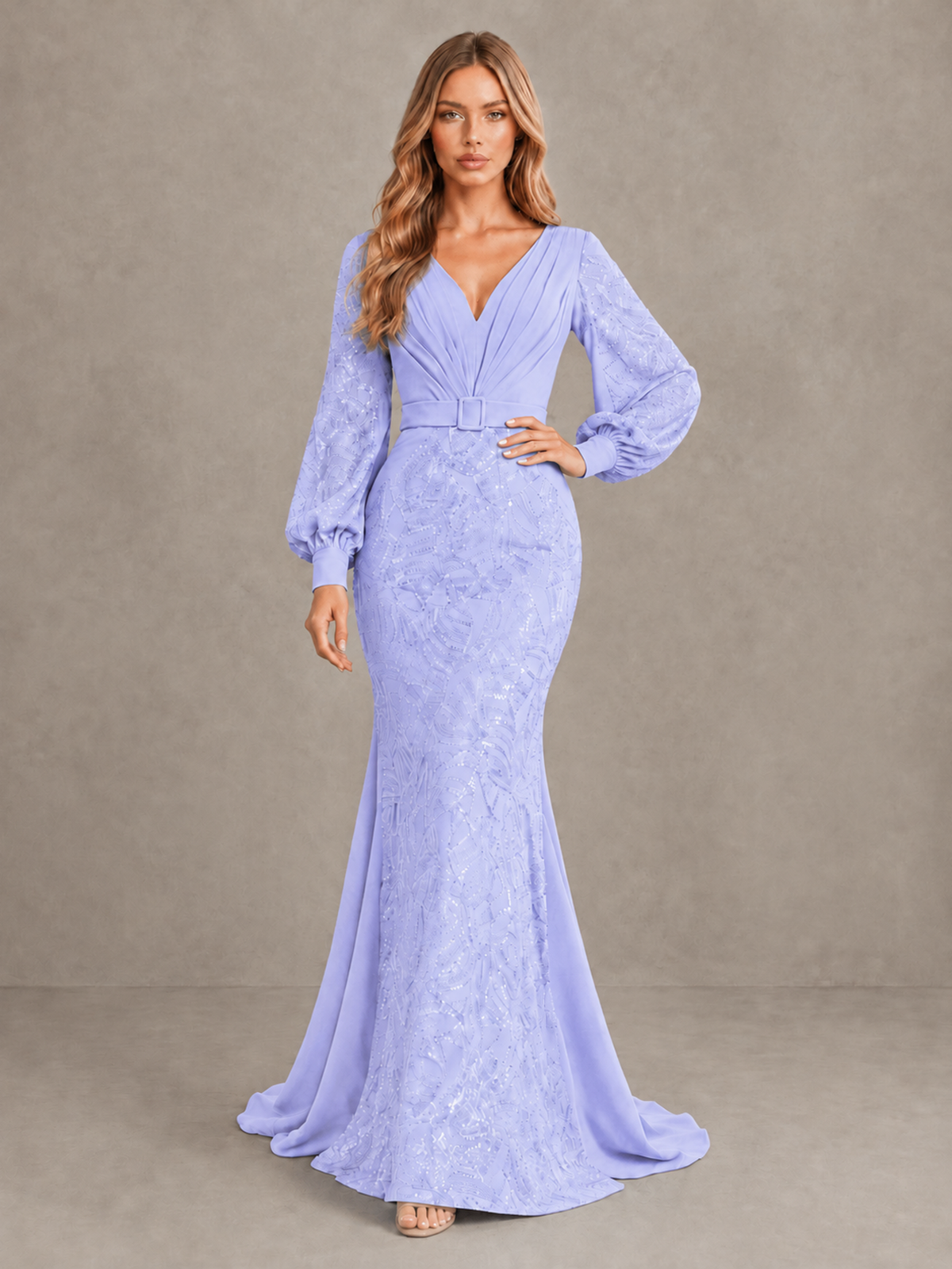 BOLODOO Lavender Sequin Long Bishop Sleeve Mermaid Evening Dress - Lavender - Lavender (3)