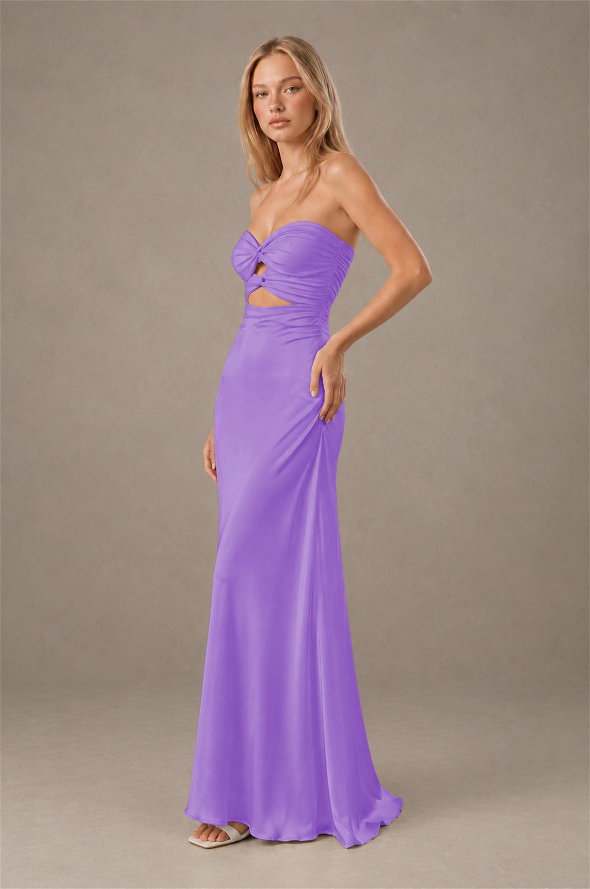 BOLODOO Lavender Sweetheart Strapless Twist Knot Cutout Lace-Up Back Satin Mermaid Maxi Dress - Lavender - Lavender (3)