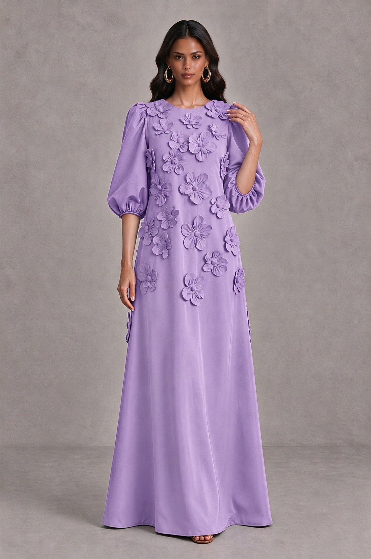 BOLODOO Lavender Floral Applique Puff Sleeve A-Line Evening Dress - Lavender - Lavender (3)