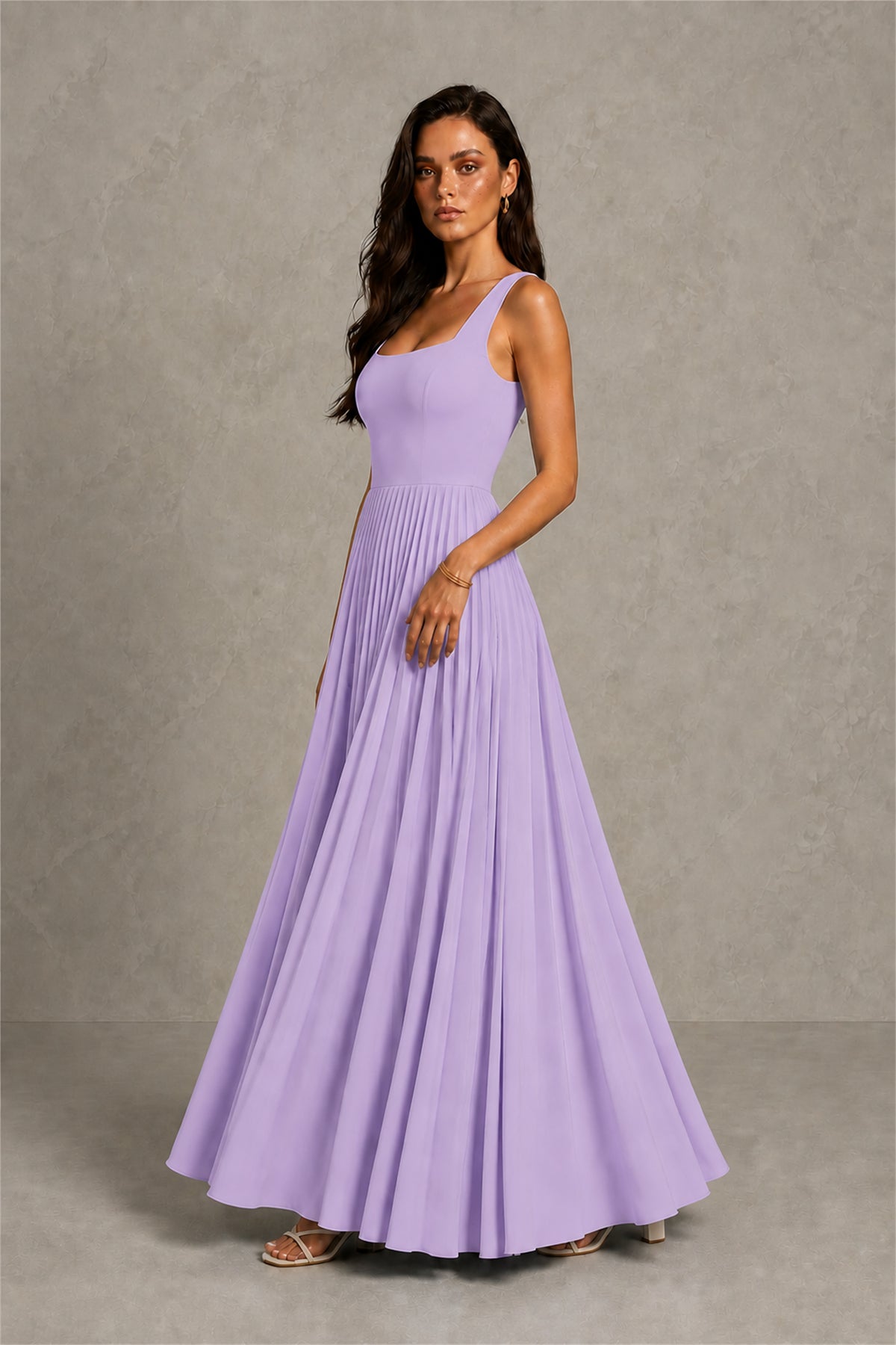 BOLODOO Lavender Square Neck Wide Strap Lace-Up Back Pleated A-Line Chiffon Maxi Dress - Lavender