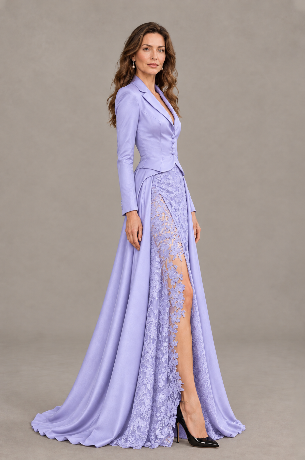 BOLODOO Lavender Long Sleeve Lace Blazer Gown with High Slit - Lavender - Lavender (3)