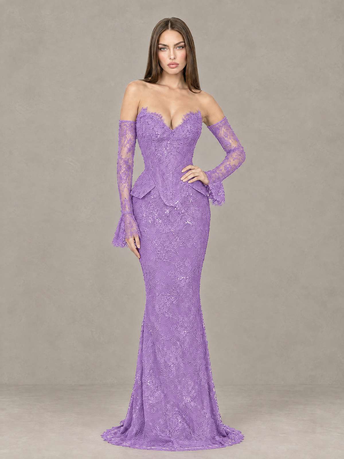 BOLODOO Lavender Lace Off-the-Shoulder Long Sleeve Mermaid Evening Gown - Lavender - Lavender (3)