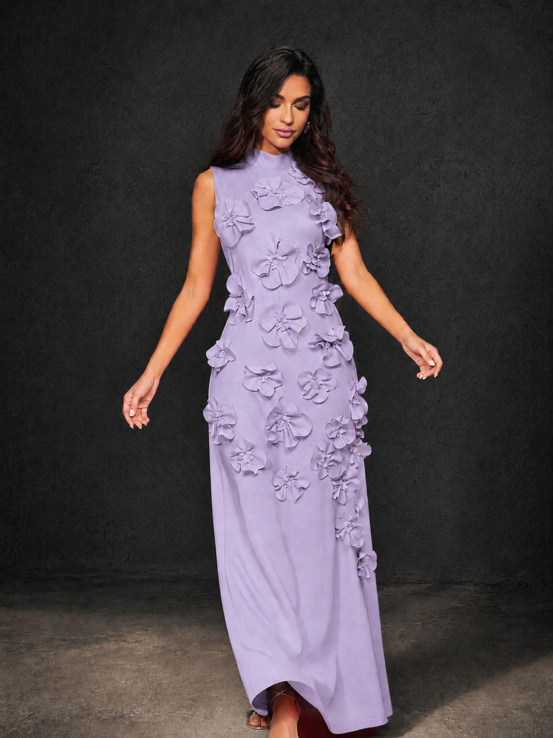 BOLODOO Lavender Mock Neck Sleeveless 3D Floral Appliqué Maxi Dress with Bow Back - Lavender